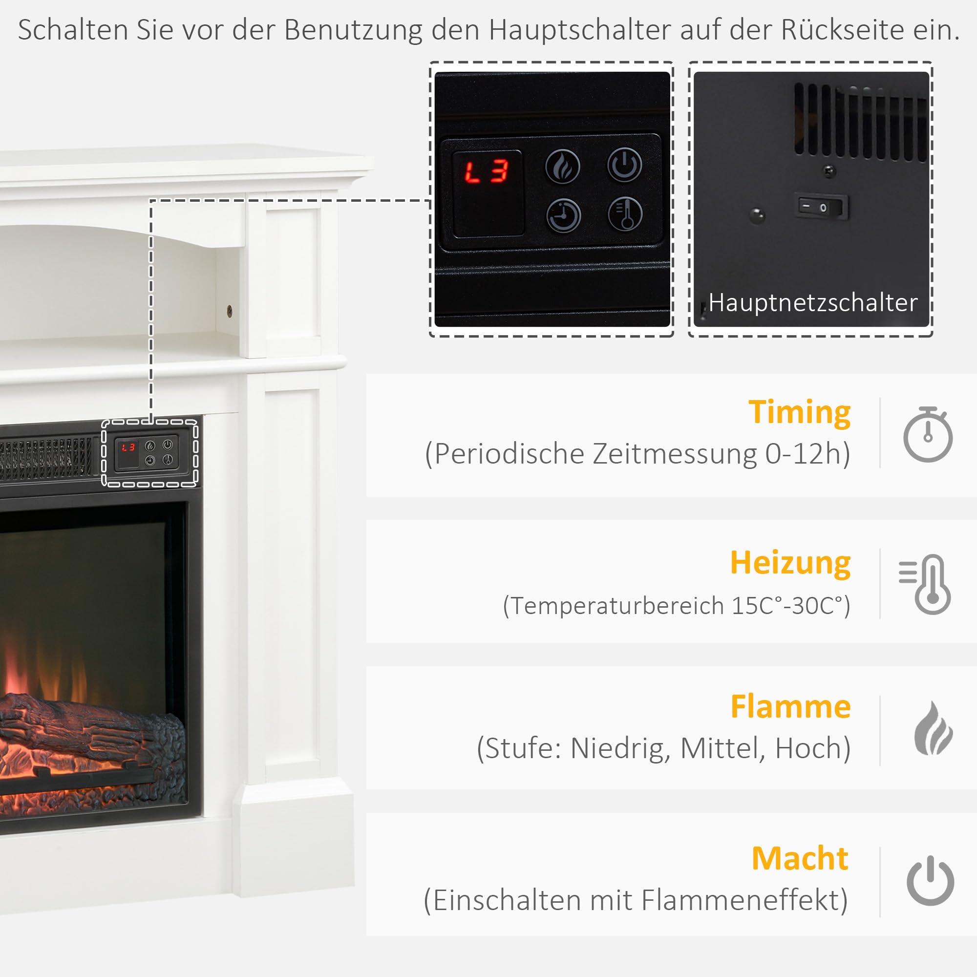 HOMCOM Elektrokamin mit Heizung LED Flammeneffekt Dekokamin 1800 W Weiß