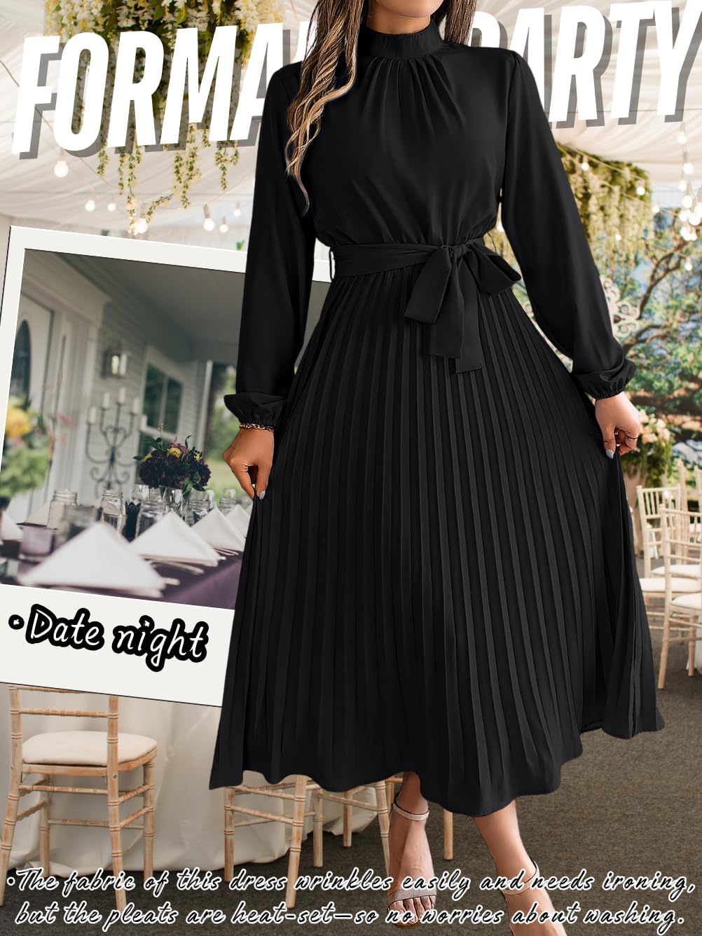 Pleated Maxi Dress, Mock Neck A Line, Fall Holiday, Long Sleeve Modest Business Casual Flowy Dresses for Women - Image 2