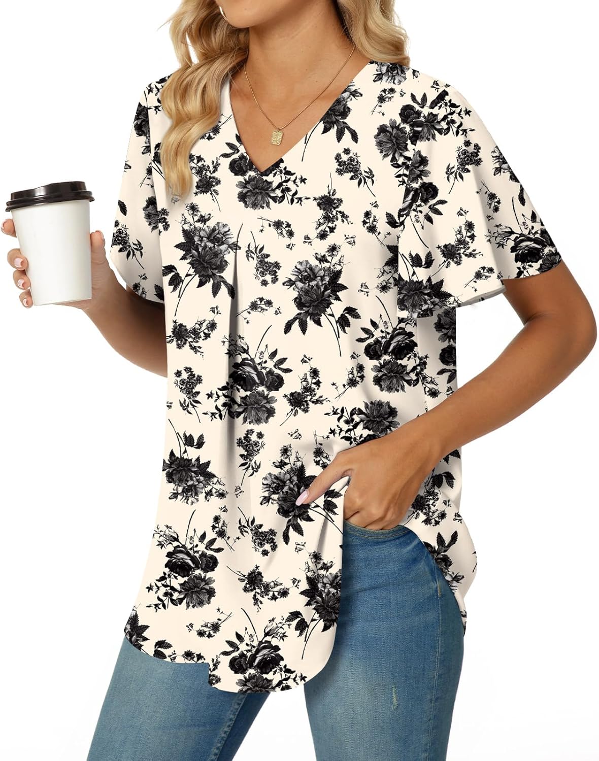 Anyally Women's Summer Dressy Chiffon Blouses V Neck Ruffle Short Sleeve Tunic Tops for Leggings Casual T-Shirts - Image 3