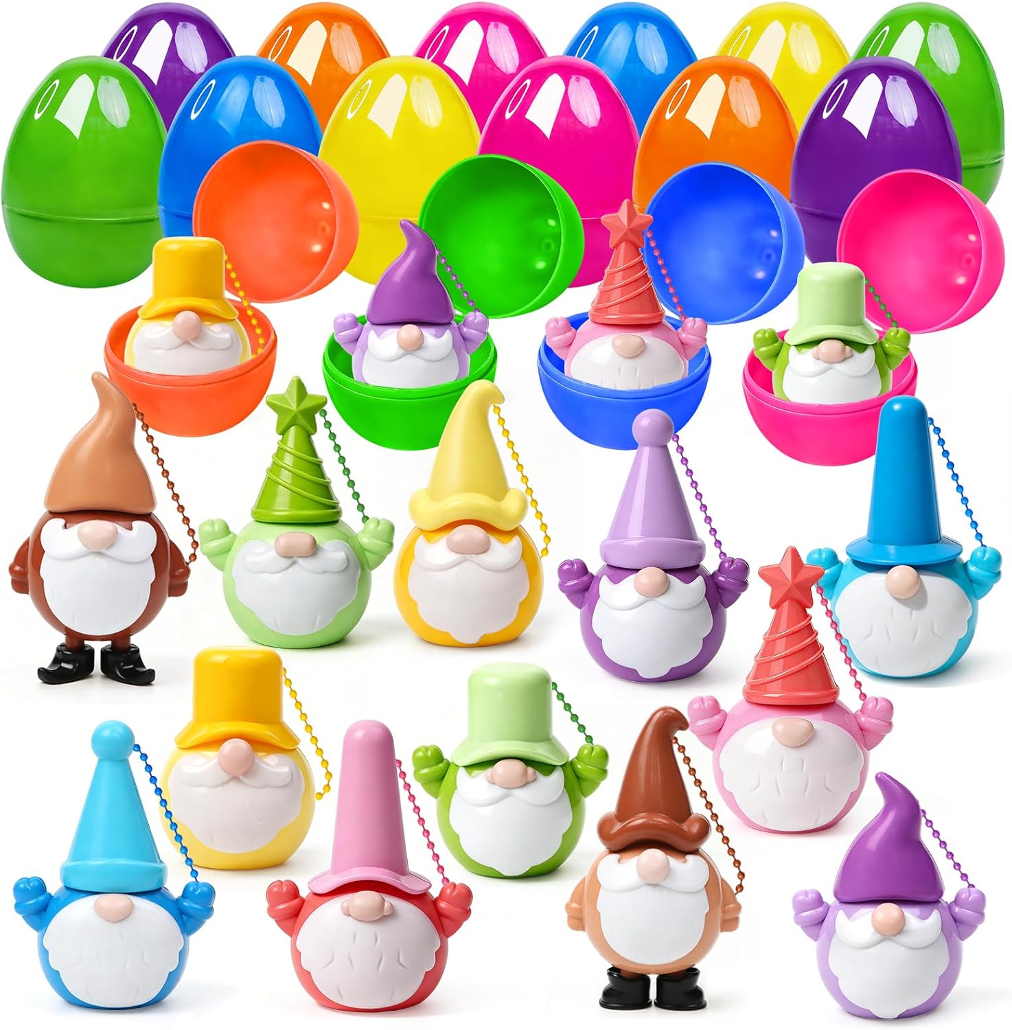 12 Pcs Prefilled Easter Eggs with Mini Gnomes Keychains Tiny Figurines for Kids Easter Basket Stuffers Egg Hunt Party Favors Classroom Prizes Dwarf Statues Decor for Boys and Girls