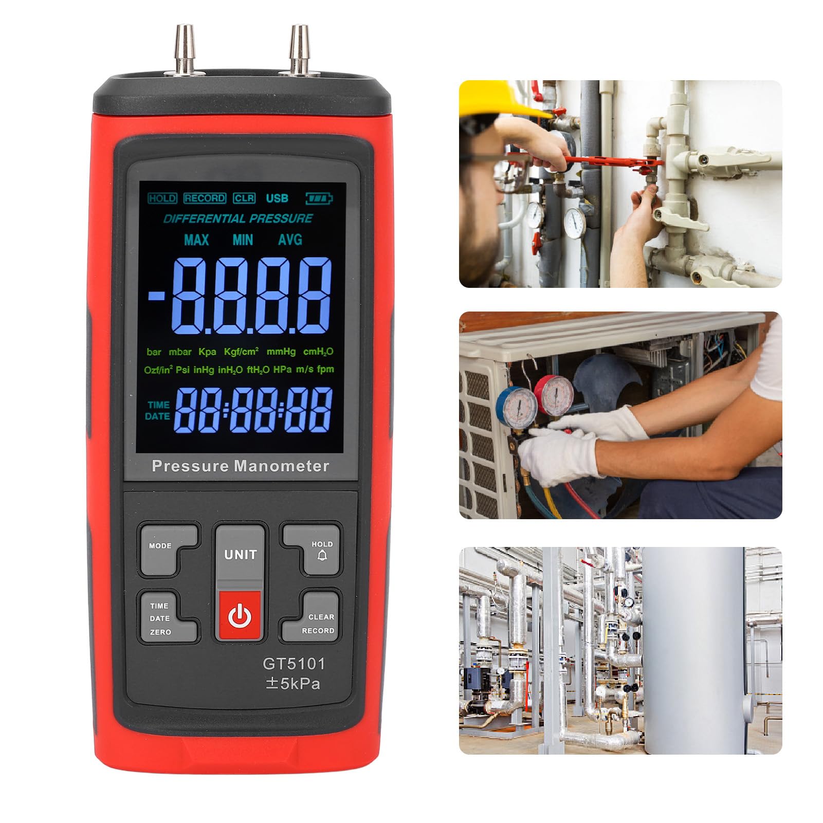 Fyearfly Medidor de Presión Diferencial ±5kPa, Pantalla LCD Retroiluminada Manómetro de Presión Digital de 2 Puertos Medidor de Presión de Gas, para Laboratorio, Sopladores, Salas Blancas