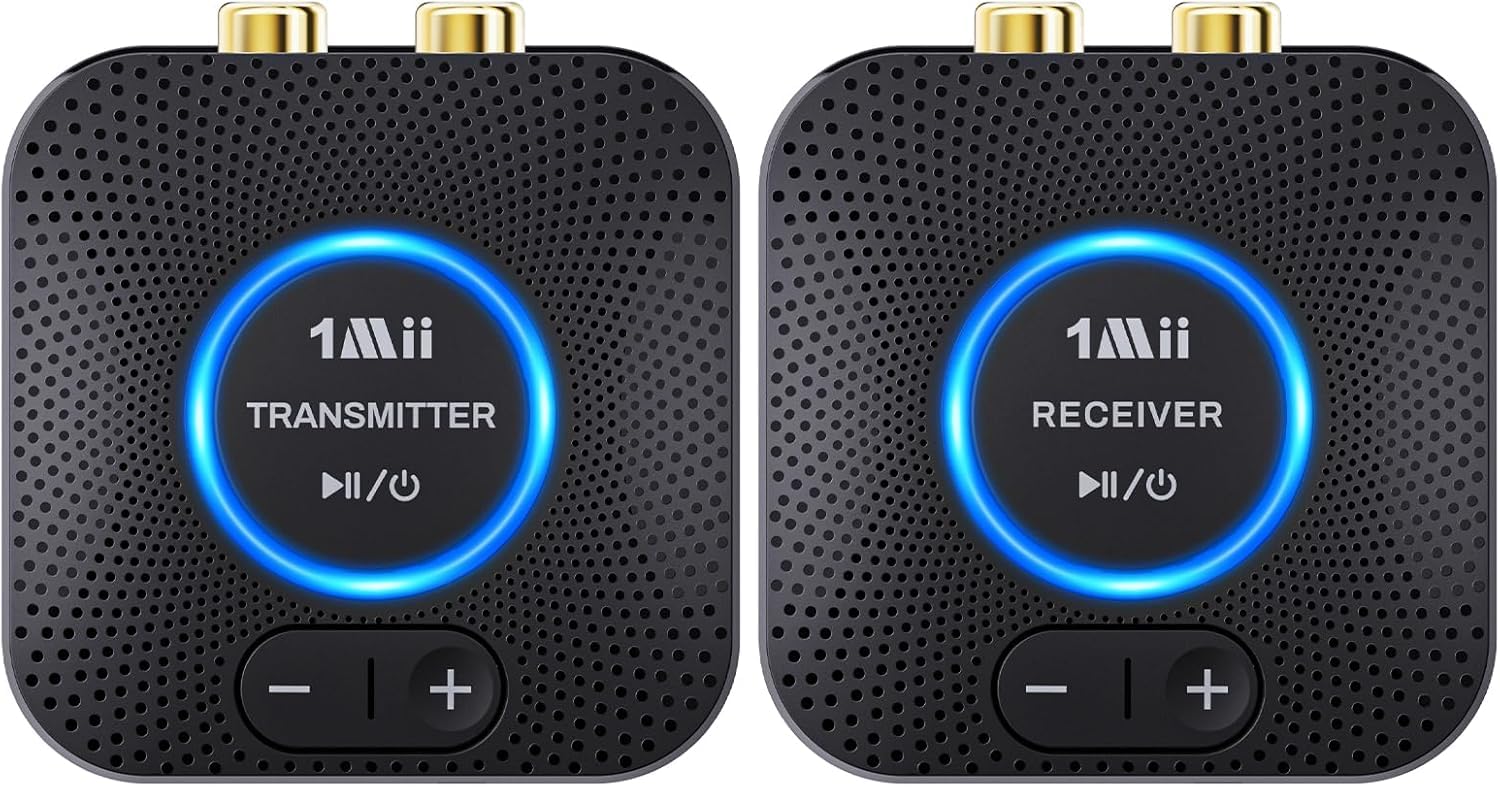 1Mii 2.4GHz (1 TX + 1 RX) Transmisor Receptor de Audio Inalámbrico para TV, Alcance de 80m, Baja Latencia de 25ms, Entrada/Salida RCA AUX de 3.5mm, Adaptador de Audio Inalámbrico para TV, PC, Altavoz