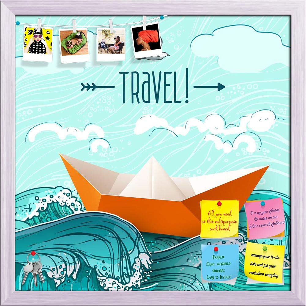 ArtzFolio Origami Paper Ship On Sea Waves | Bulletin Board Notice Pin Board | Vision Soft Board Combo with Thumb Push Pins & Sticky Notes | White Frame | 12 x 12 inch (30 x 30 cms)