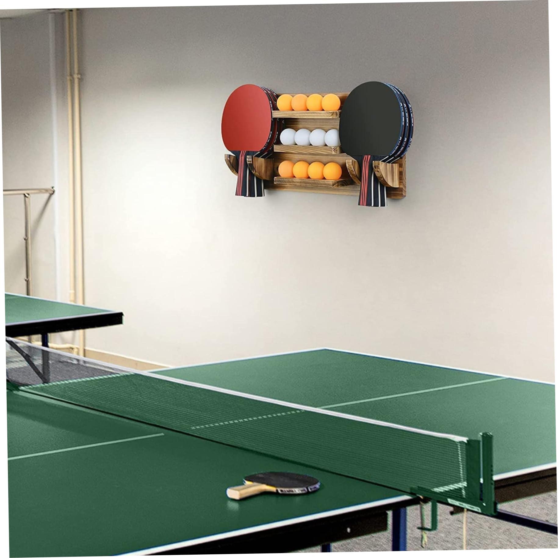 Soporte para paletas de ping-pong, estante de tenis de mesa montado en la pared, capacidad para 6 paletas y 12 pelotas, madera