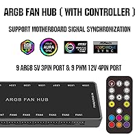 Vista 2 de ARGB PWM Fan Hub, direccionable 5V-3PIN ARGB 12V 4PIN PWM 2 en 1 RGB Hub de ventilador con controlador y entrada de alimentación SATA, 9 puertos