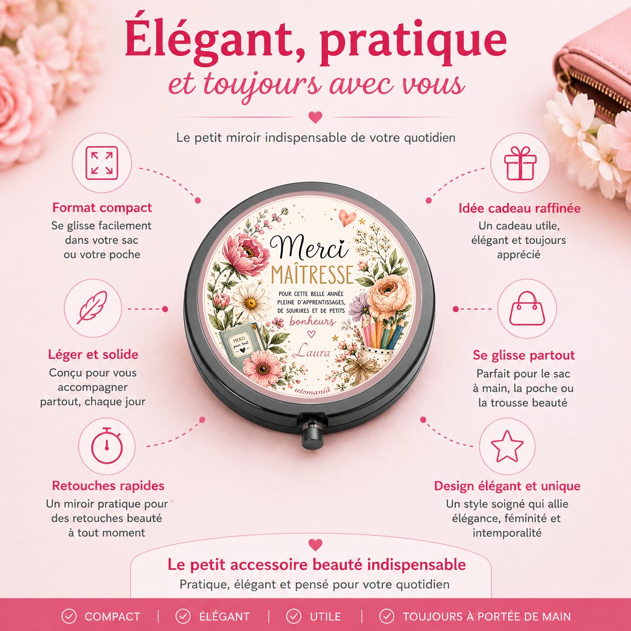 Miroir de Poche Merci Maîtresse Personnalisé – Cadeau Maîtresse Fleuri Fin d'Année Scolaire – Cadeau Institutrice avec Prénom – Miroir Compact Femme