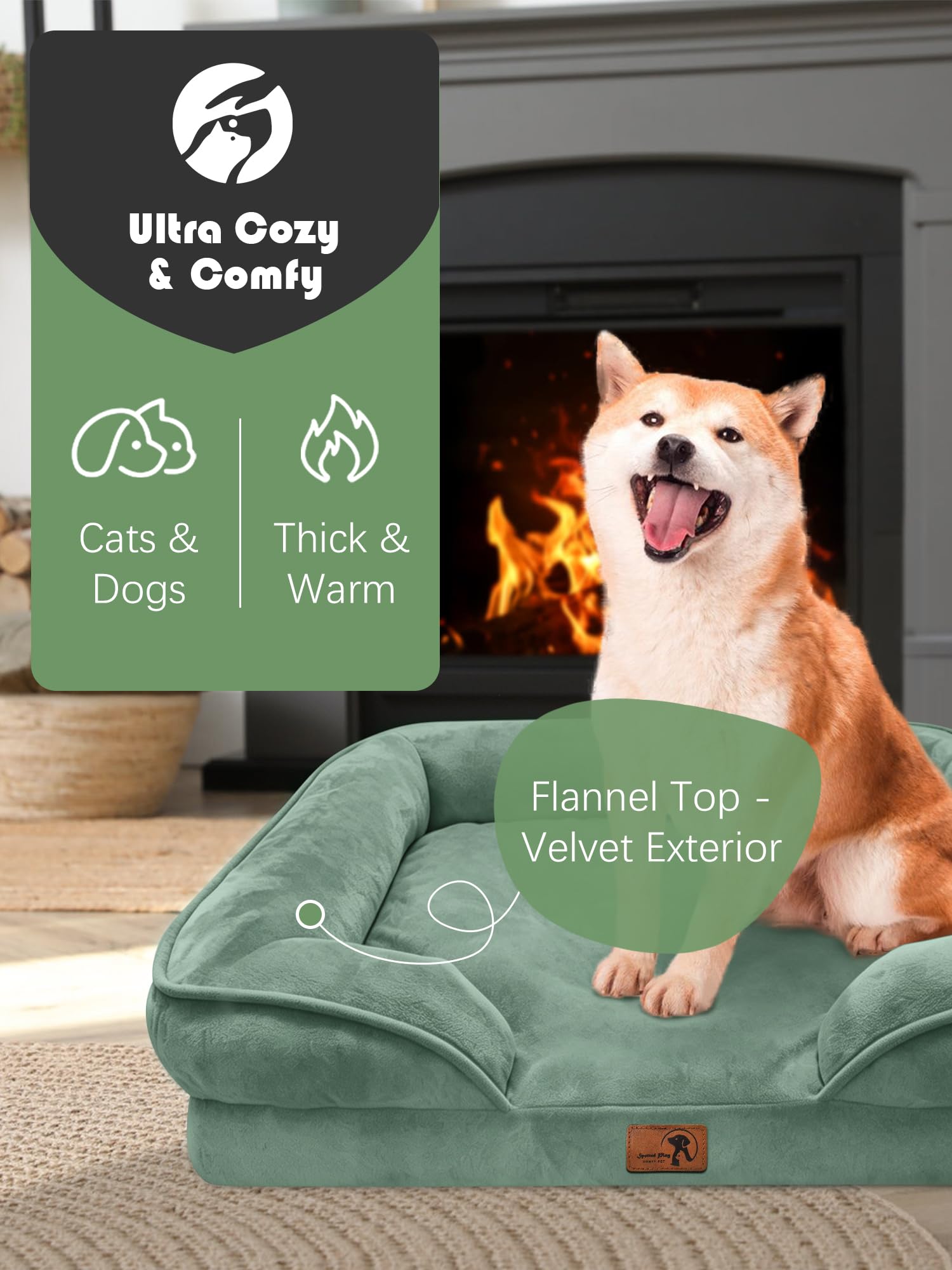 Spotted Play Orthopedic Dog Bed with Sides - Sofa Beds for Medium Dogs, Supportive Foam Pet Couch Bed with Washable Removable Cover, Waterproof Lining and Non-Slip Bottom, Green - M view 2