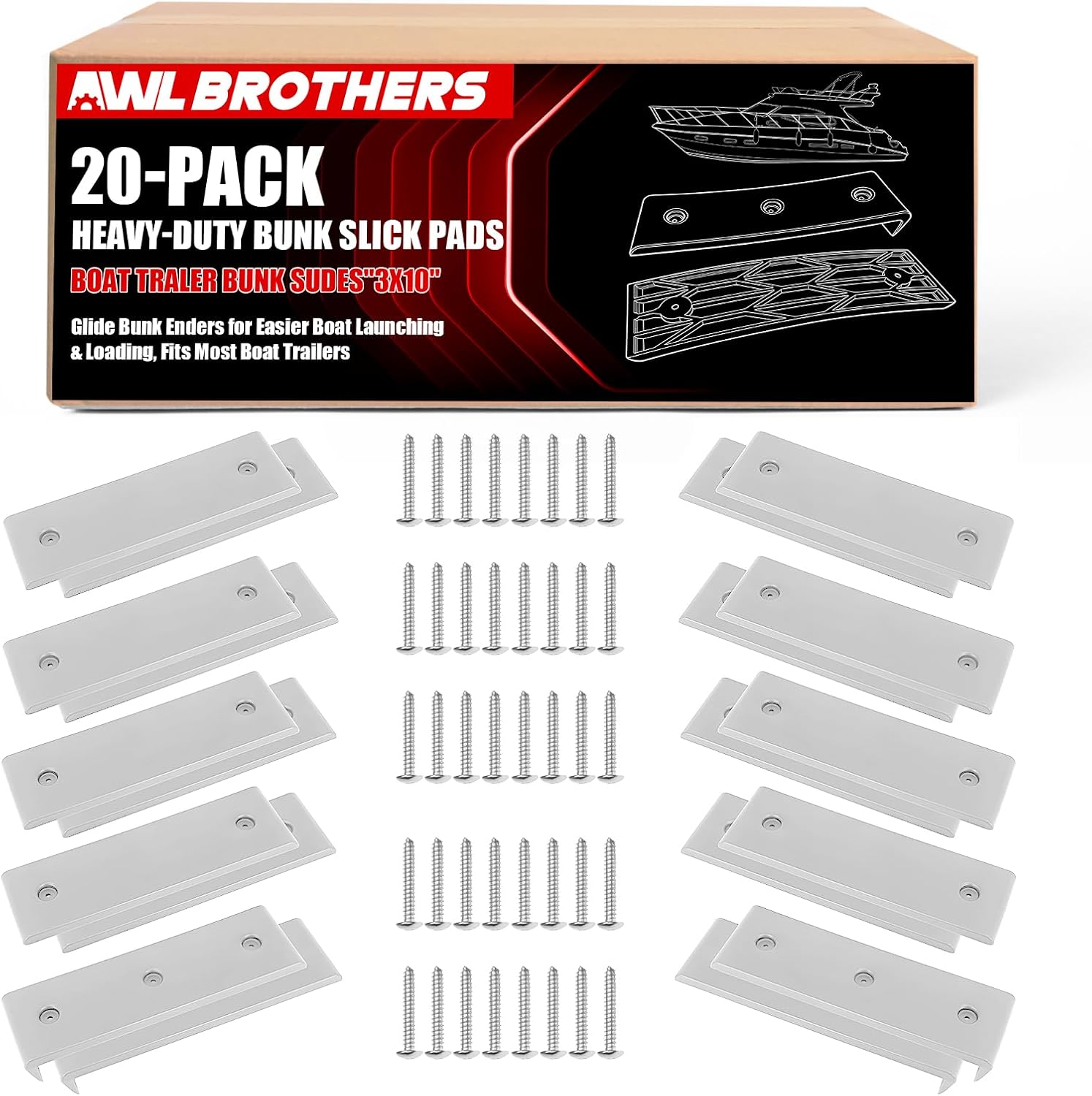 Boat Trailer Bunk Slides 3" x 10" 20-Pack, Heavy-Duty Bunk Slick Pads, Glide Bunk Enders for Easy Boat Launching & Loading, Fits Most Boat Trailers