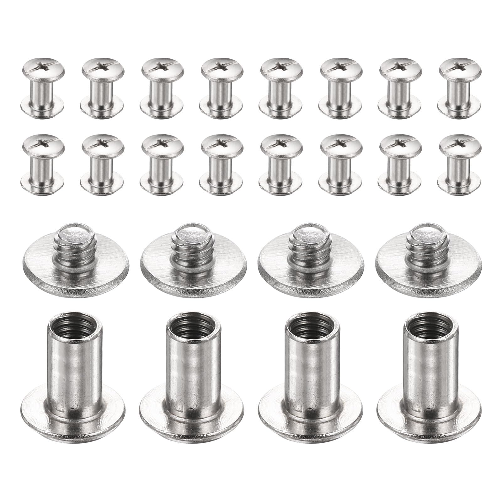 sourcing map 20set Chicago Screw M4x9mm 6mm Length Metal Phillips Nail Rivet Stud Bolts Rivets Binding Post Screw for DIY Leather Belt Bag Craft Bookbinding, Silver