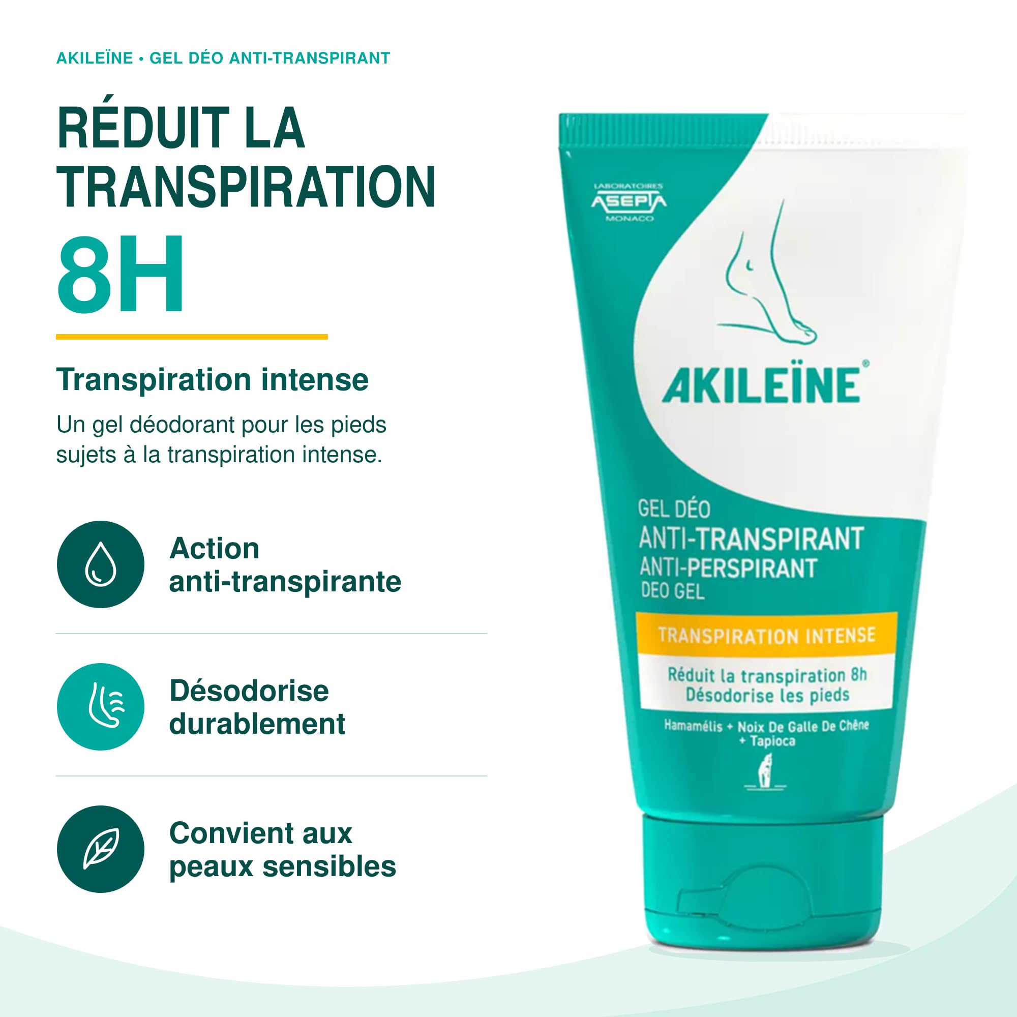 AKILEÏNE | Gel Deodorante Antitraspirante | Riduce la sudorazione intensa e offre una deodorazione a lunga durata | Comfort prolungato | Pelle sensibile | Dai 6 anni in su | 75 ml