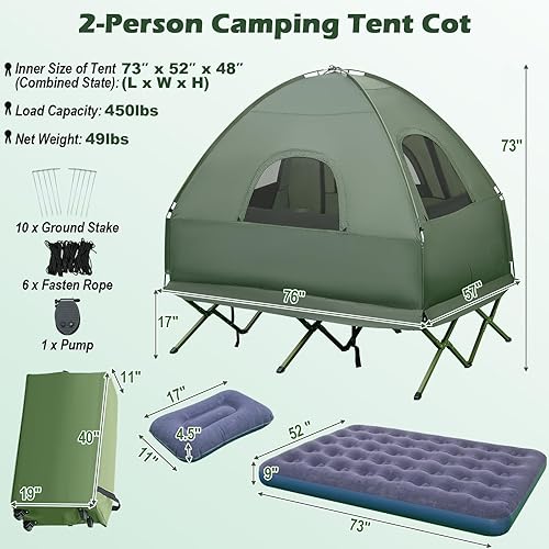 Miniatura 3 de BANGTANE - Catre para acampar para 2 personas, combo de tienda de campaña plegable todo en 1 con colchón de aire, 2 sacos de dormir, bolsa de