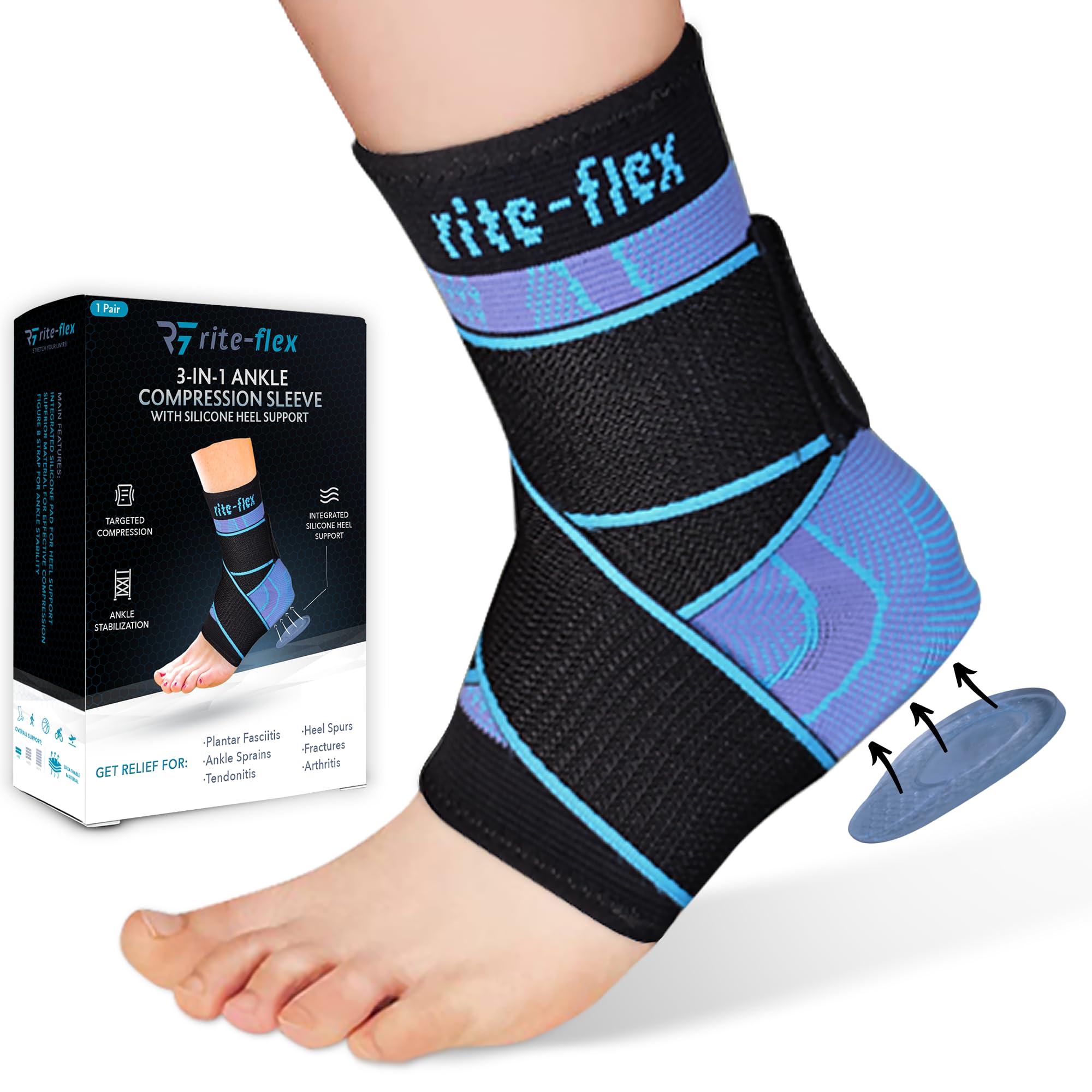 Rite-Flex 3-in-1 Ankle Compression Sleeve with Silicone Heel Pad - Ankle Brace for Sprains, Foot Fatigue, Post Surgery, Plantar Fasciitis Relief &