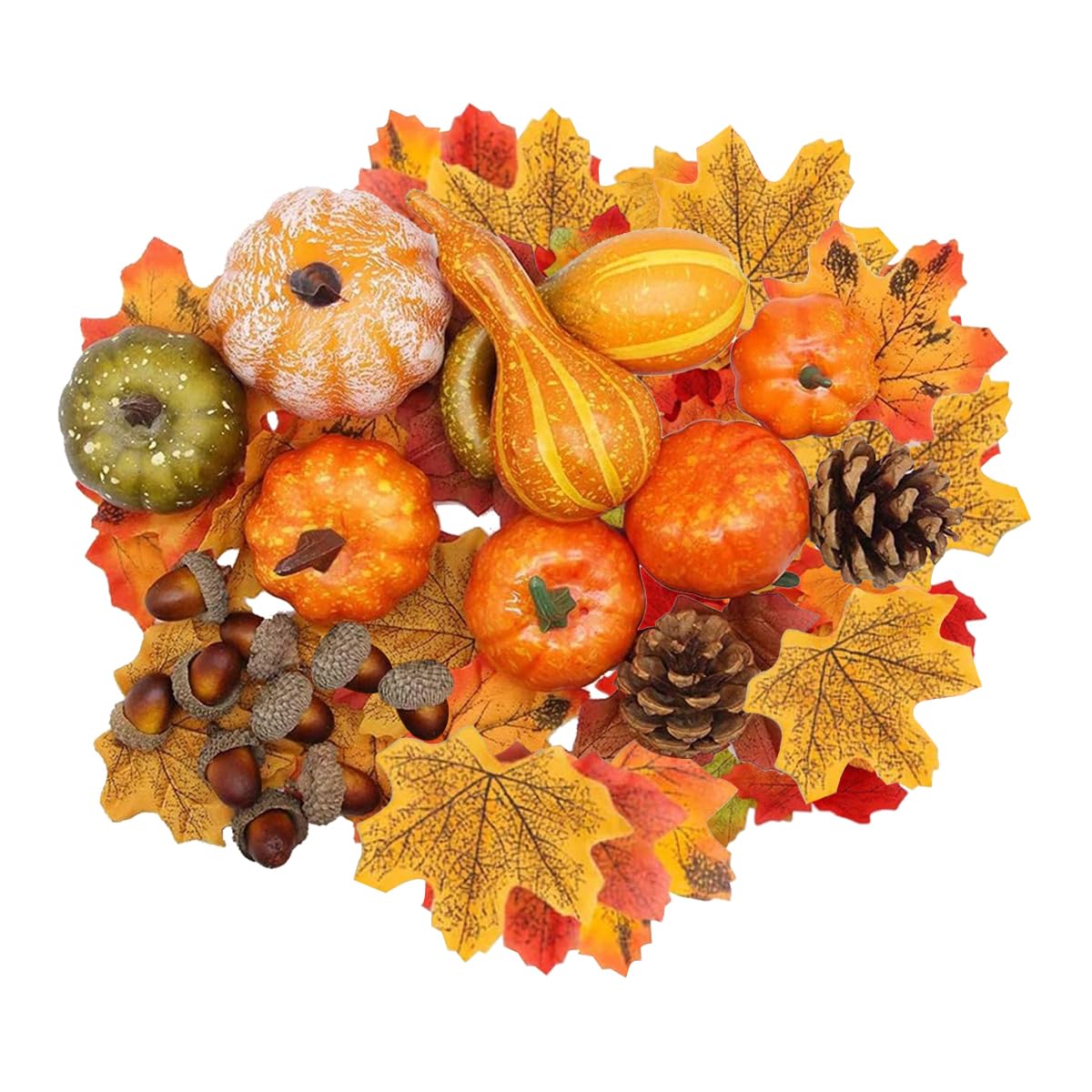 JOYWU Artificial Pumpkins Set,70 Pcs Artificial Pumpkins and Gourds Set with Maple Leaves,Acorns and Pinecones,Fall Maple Leaves Set,Fall Thanksgiving Table Decorations,Autumn Harvest Pumpkins Kit