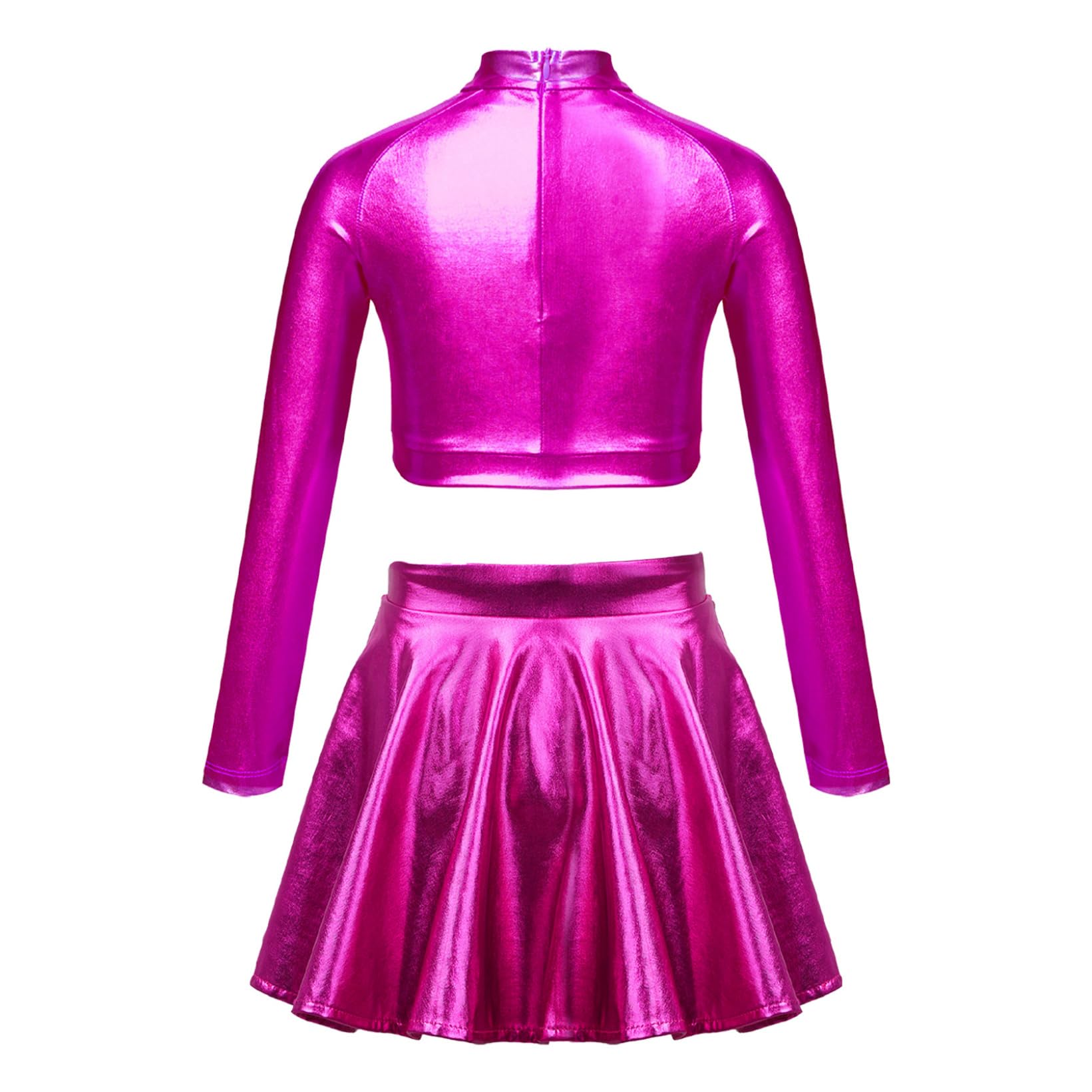 JanJean Kids 2Pcs Shiny Dance Dress Set Girls Metallic Crop Top with Skirts Outfits for Cheerleading Dancing Performing Hot Pink 6 Years