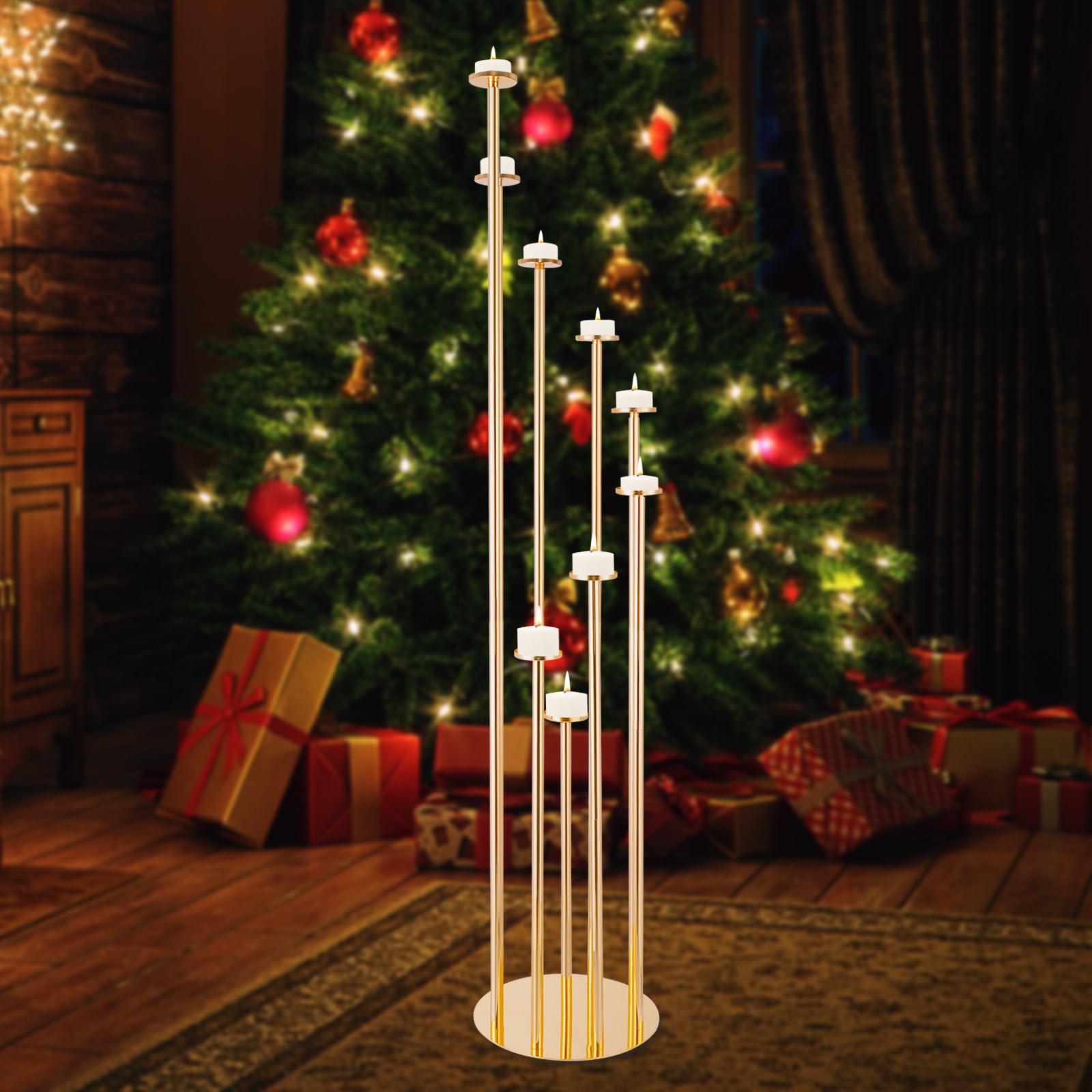 Bougeoir doré à 9 bras en métal - 40 cm à 120 cm - Pour décoration de mariage, fête, décoration de table