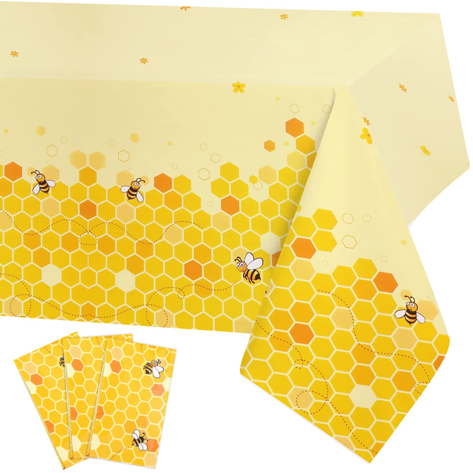 3 Pack Bee Tablecloth Bumblebee Plastic Tablecloths, Disposable Tablecloth, Honey Bees Bumble Bee Gender Reveal Table Cover for Birthday Baby Shower Garden Party Supplies Table Decoration