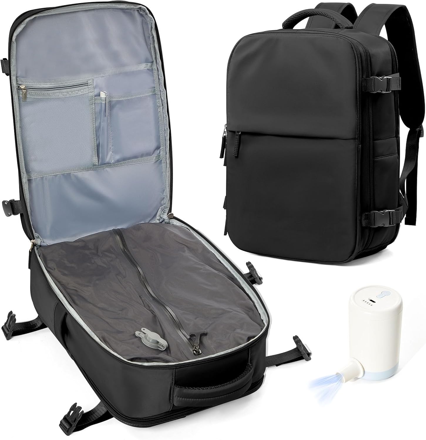 Vacuum Compression Backpack with Electric Vacpack Pump, Large Travel Backpacks with Vacuum System, Carry On Personal Item Bags for Airplane with 17inch Laptop Compartment/USB Port, Black