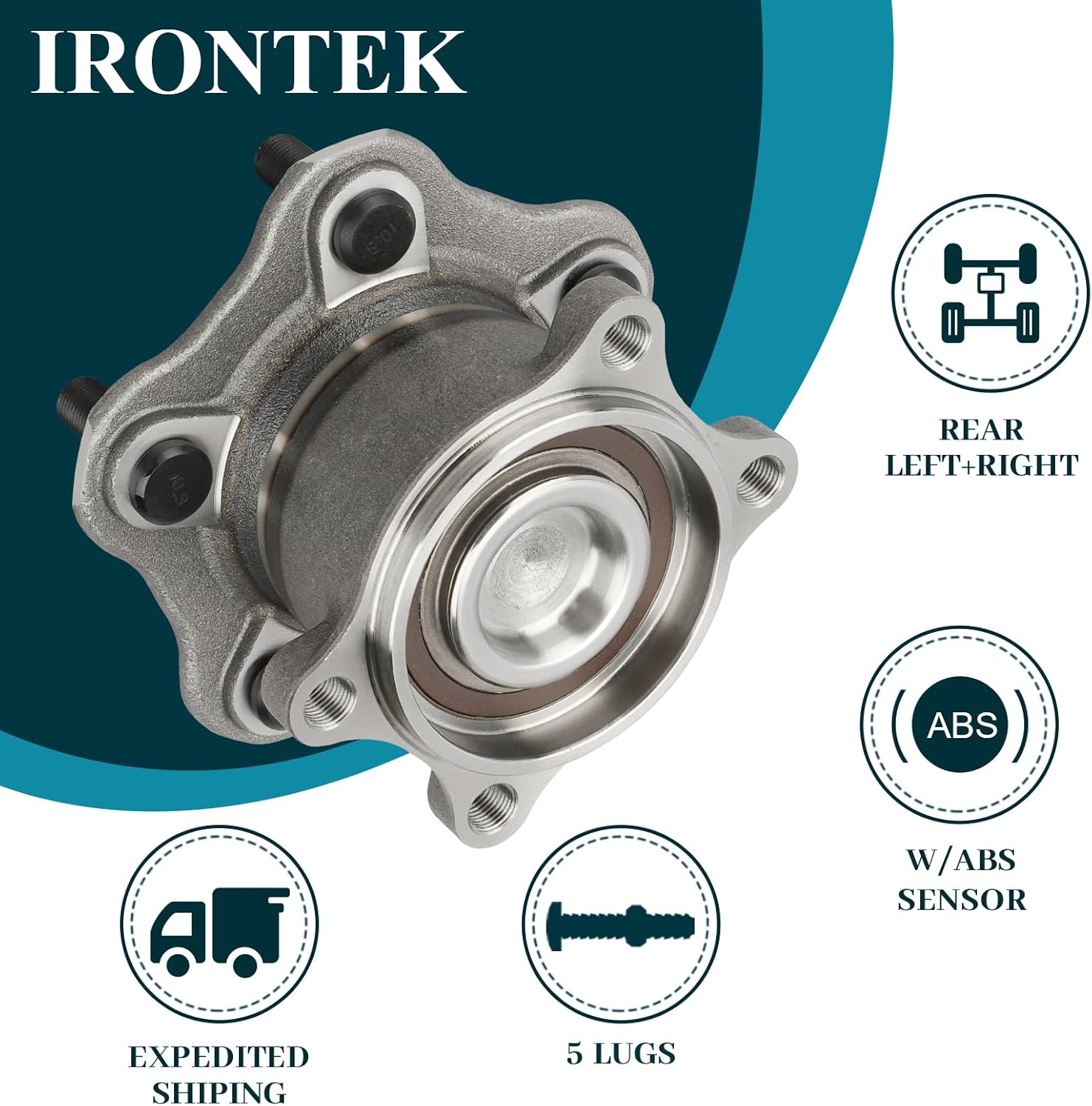 IRONTEK 512201 Rear Wheel Hub and Bearing Assembly Compatible for Nissan 2002-2006 Altima/2004-2008 Maxima/2004-2009 Quest; 5 Lug; W/ABS Wheel Bearing Assembly - Image 2