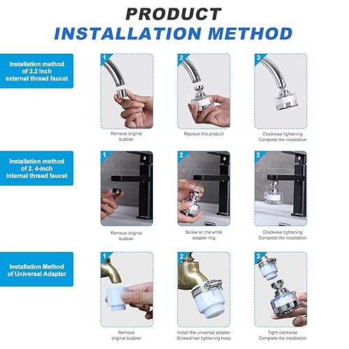 Miniatura 6 de LUV Paquete de 3 grifos de filtro de agua para fregadero filtro de grifo giratorio de 360, purificador de filtración de grifo de cocina, elimina