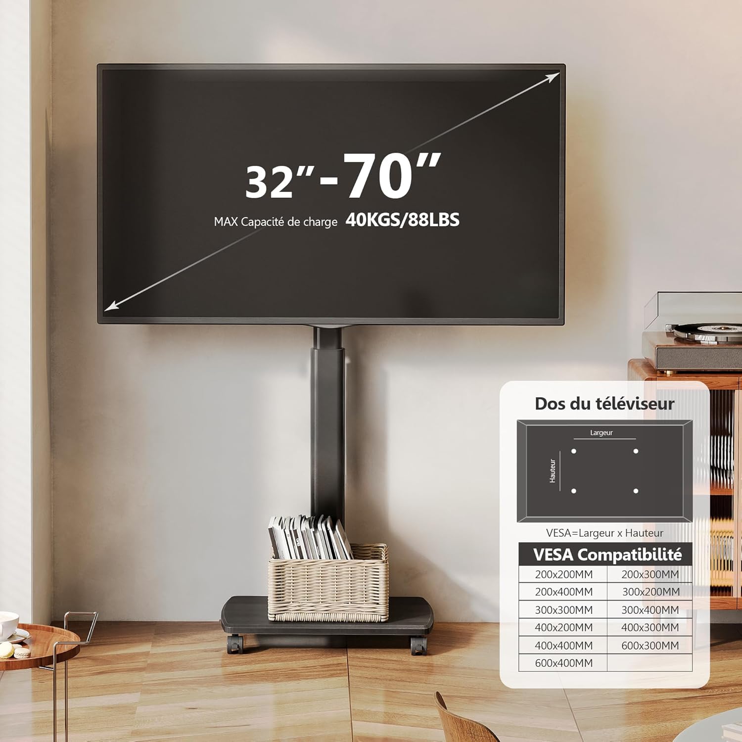 FITUEYES Support TV roulettes avec Socle en Bois, pour TV 32-70 Pouce jusqu'à 40 kg, Support TV sur Pied, Hauteur Réglable, VESA Max.400×400mm pour Location et Bureau