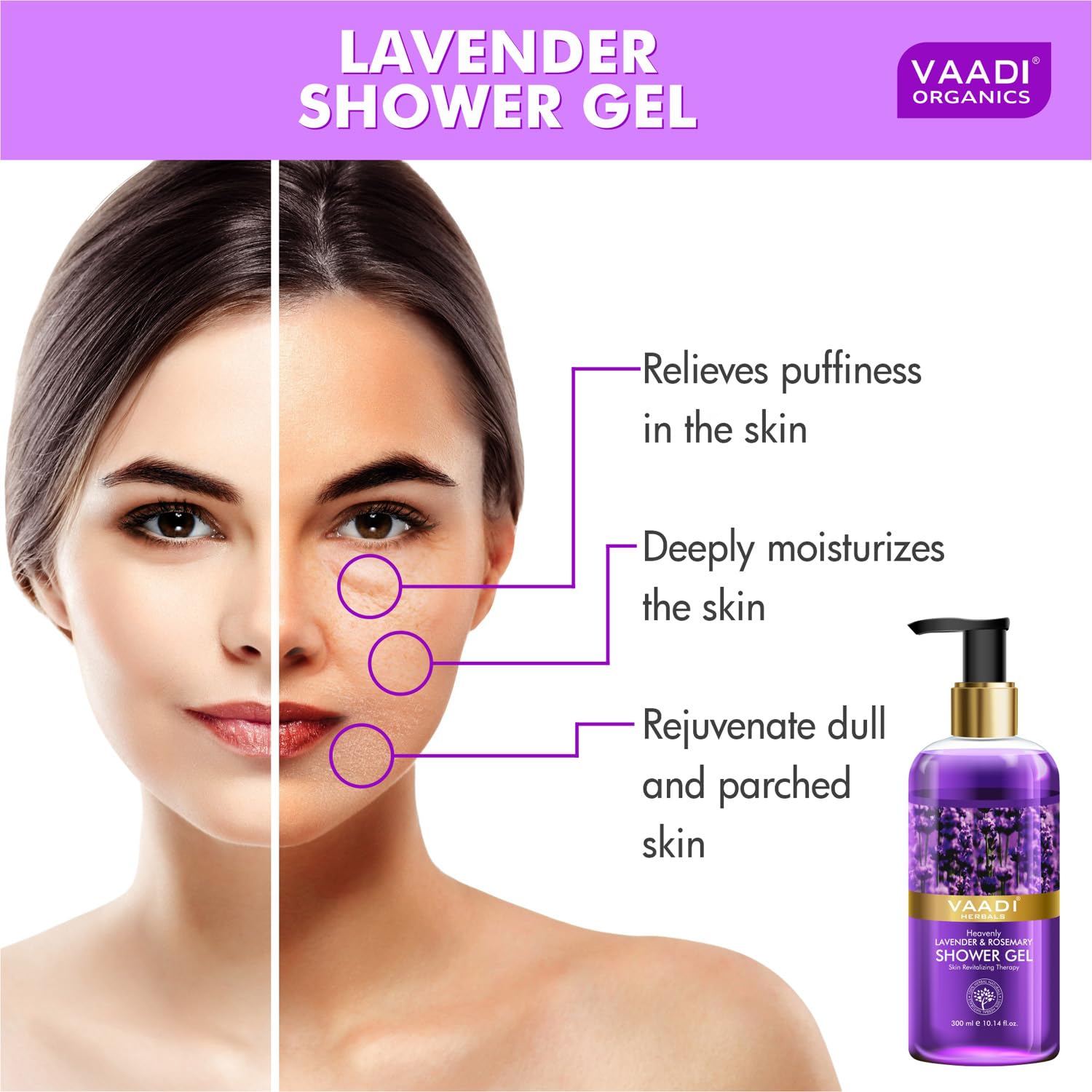 Vaadi Herbals Shower Gel - Sulfate-Free - Herbal Body Wash Both For Men And Women - 300 Ml (10.14 Fl Oz) - (Heavenly Lavender & Rosemary) (2 Bottles)