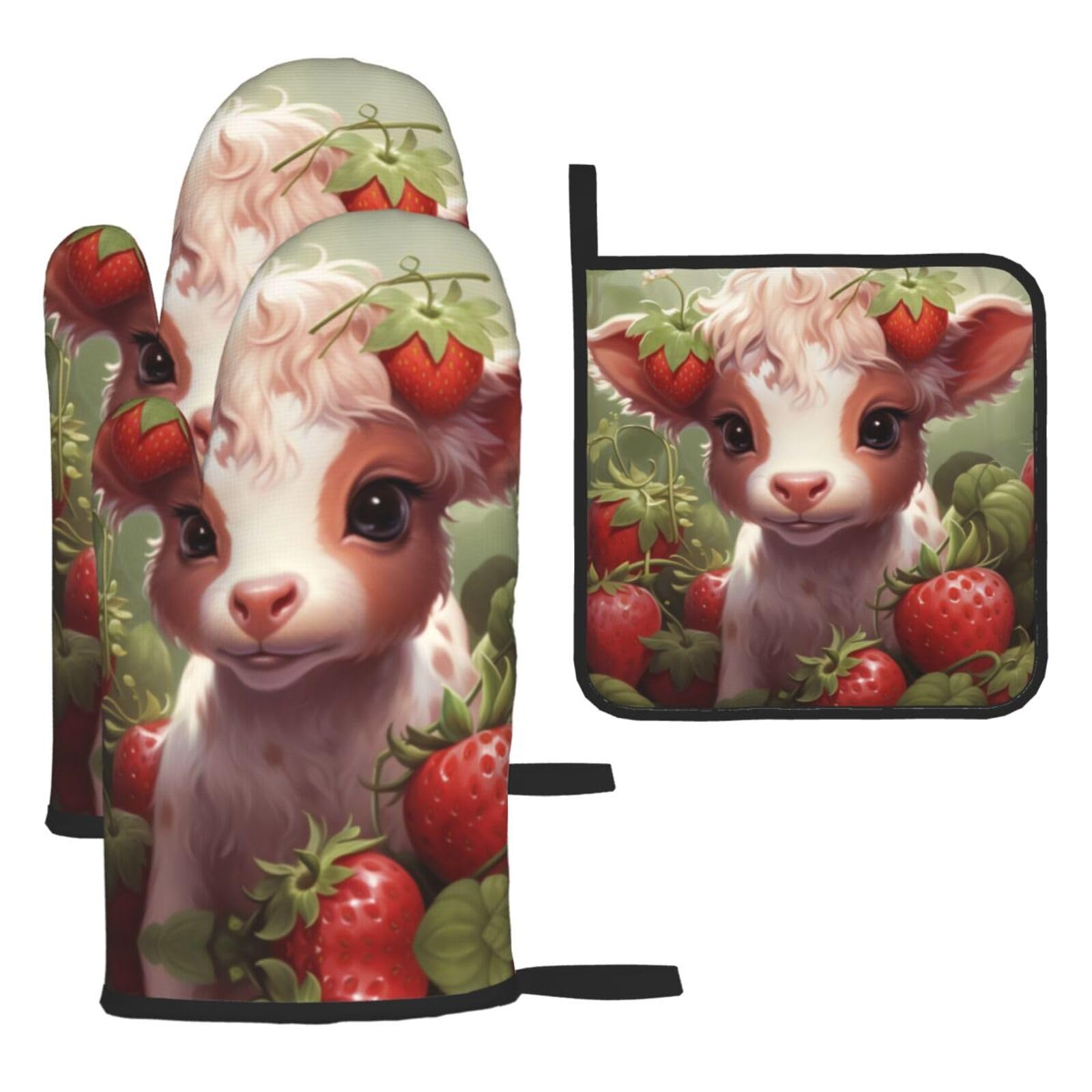 Strawberry Cow in the Forest Oven mittens and oven mitts three-piece set suitable for oven, grilling, baking, microwave and home cooking.