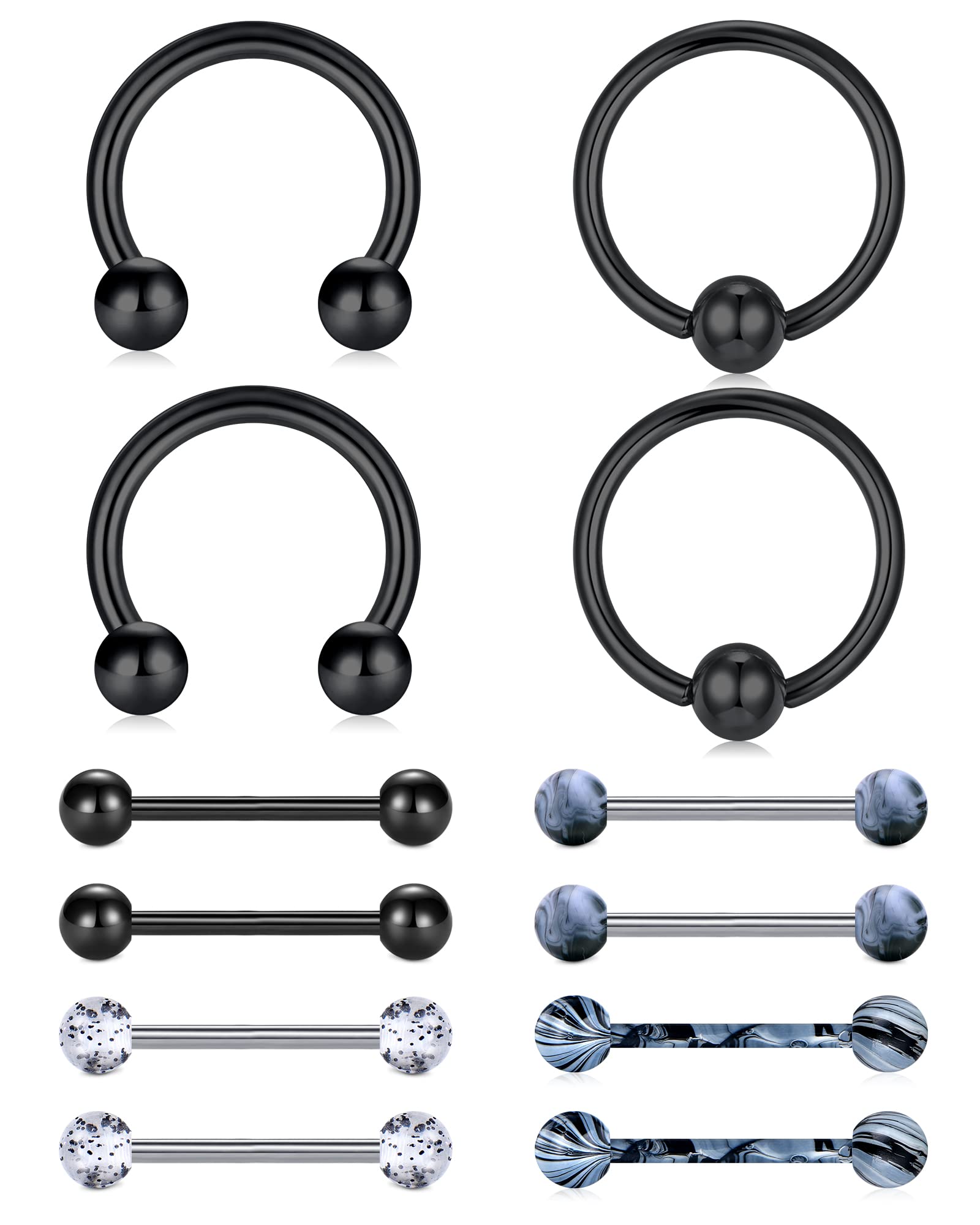 LAURITAMI 14Pcs 14G Piercing Pezón Aros Barbell Anillos con Cadena Acero Quirúrico Plata Negro Colgante Pendientes Joyas Mujeres