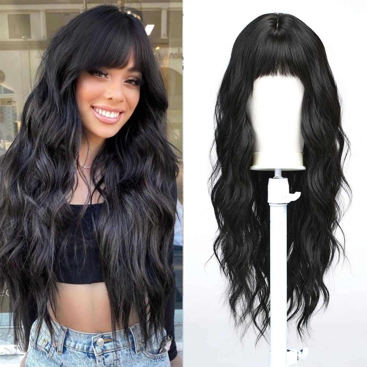 Esmee Long Wavy Black Wig for Women Natural Synthetic Hair Heat Resistant Brunette Wigs with Fringe, 26 pulgadas
