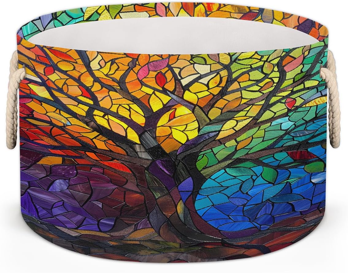 Large Round Laundry Basket Rainbow Tree Of Life Glass Toy Organizers and Storage for Girls Canvas Collapsible Blanket Storage Basket Laundry Hamper Gift Baskets Bedroom Clothes Children Nursery