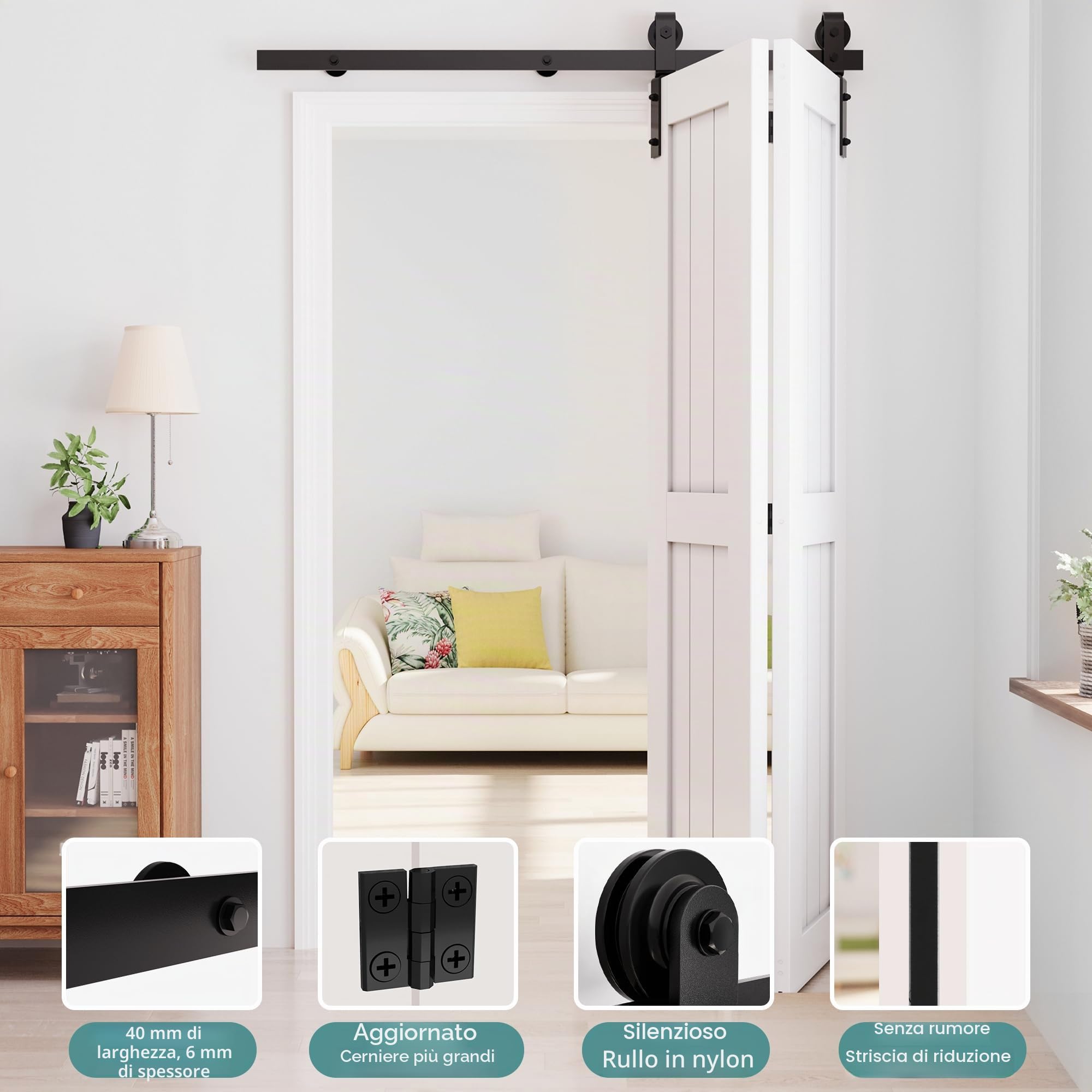 WINSOON 152cm Binario per Porta Scorrevole Kit Porta Scorrevole Esterno Muro, kit per Binario per Armadio per Doppia porta Interna in legno da 71cm, Senza Porta