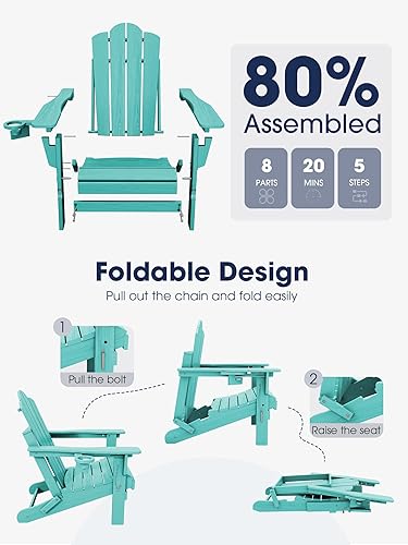 Miniatura 6 de KINGYES Silla Adirondack plegable ajustable, sillas Adirondack reclinables de 3 posiciones con soporte para tazas, HDPE para todo tipo de clima,