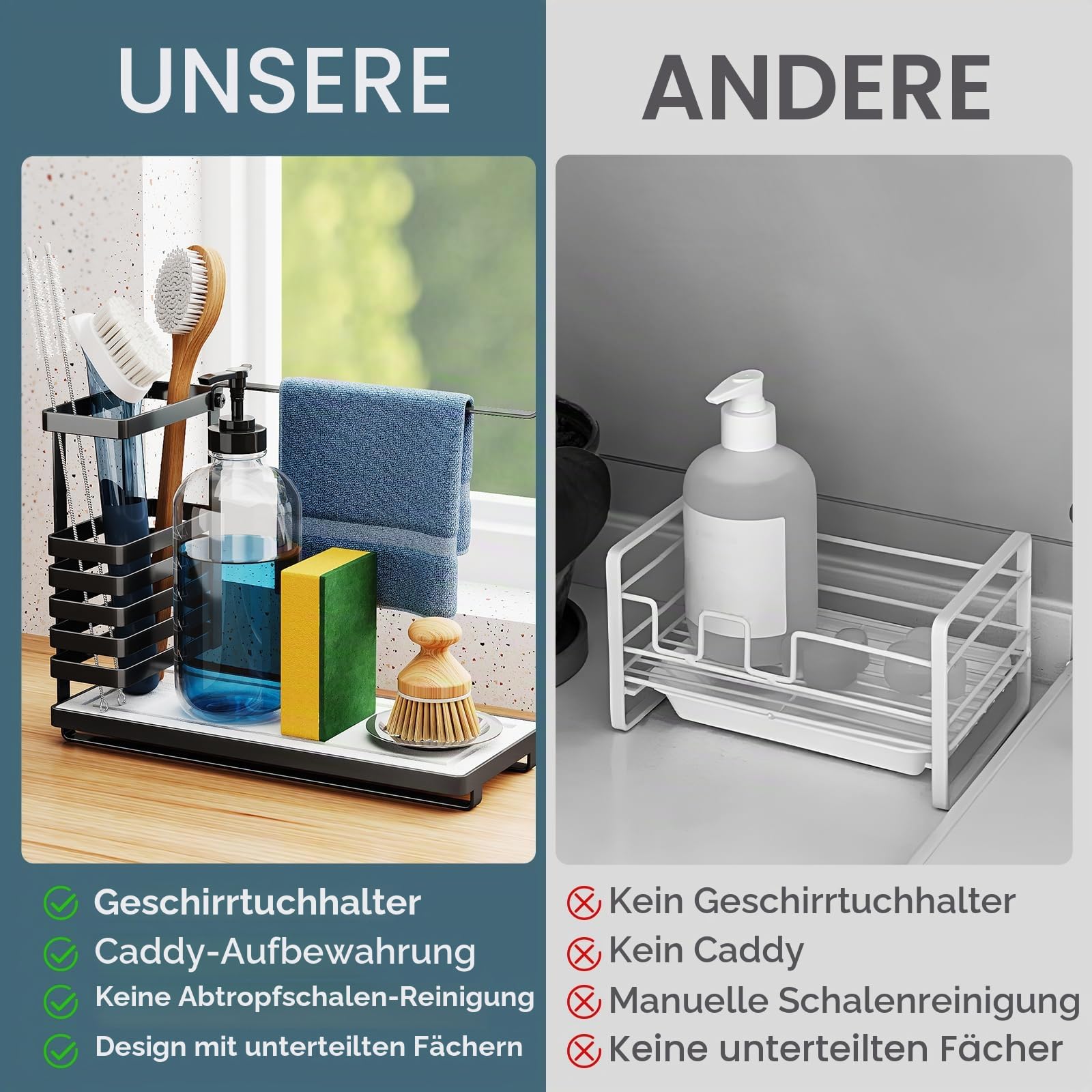 NiHome Spülbecken Organizer, Multifunktionaler Spülorganizer Edelstahl, mit Schnell Trocknendem Diatomit-Boden, Aufbewahrung für Spülmittel, Schwämme und Kleine Küchenutensilien,Spüllappenhalter