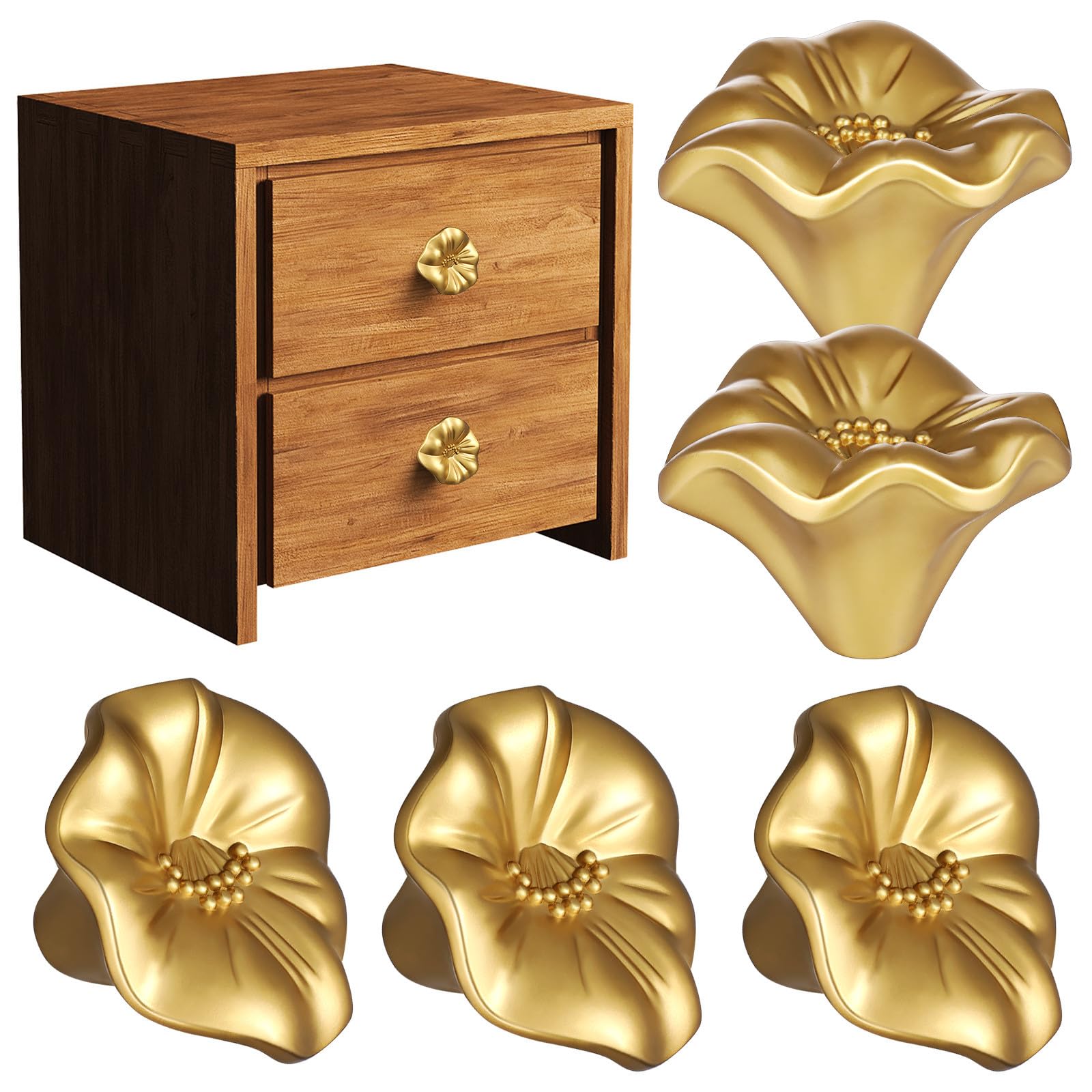 Goldene Blumenschrankknöpfe Einfache Montage und Verschleißfest 5 Stück aus Zinklegierung Petal Förmig Elegantes Vintage Design für Küchenschranktüren und Schubladen