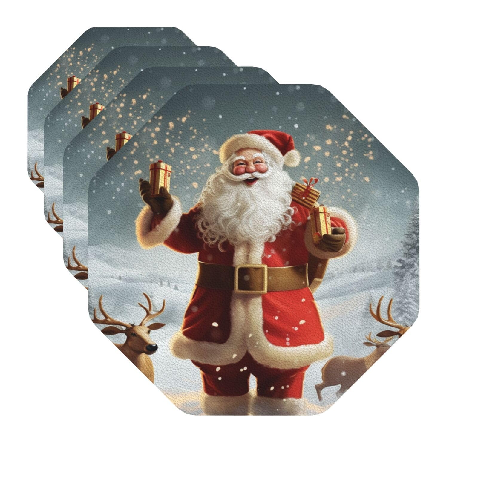 Drink Coasters Set of 4 Quick-Dry Leather Coaster Christmas Santa Claus Coasters for Drinks Coffee Cup Mat Tabletop Protection Heat Resistant Coaster for Kitchen Bar Office Home Decor
