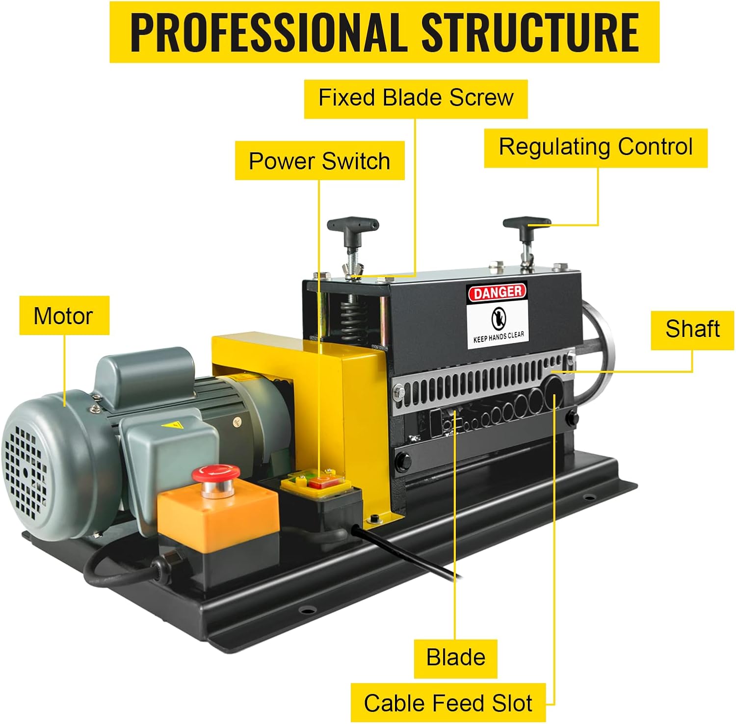 Diagram of VEVOR wire stripping machine components including motor, power switch, regulating control, fixed blade screw, shaft, blade, and cable feed slot.