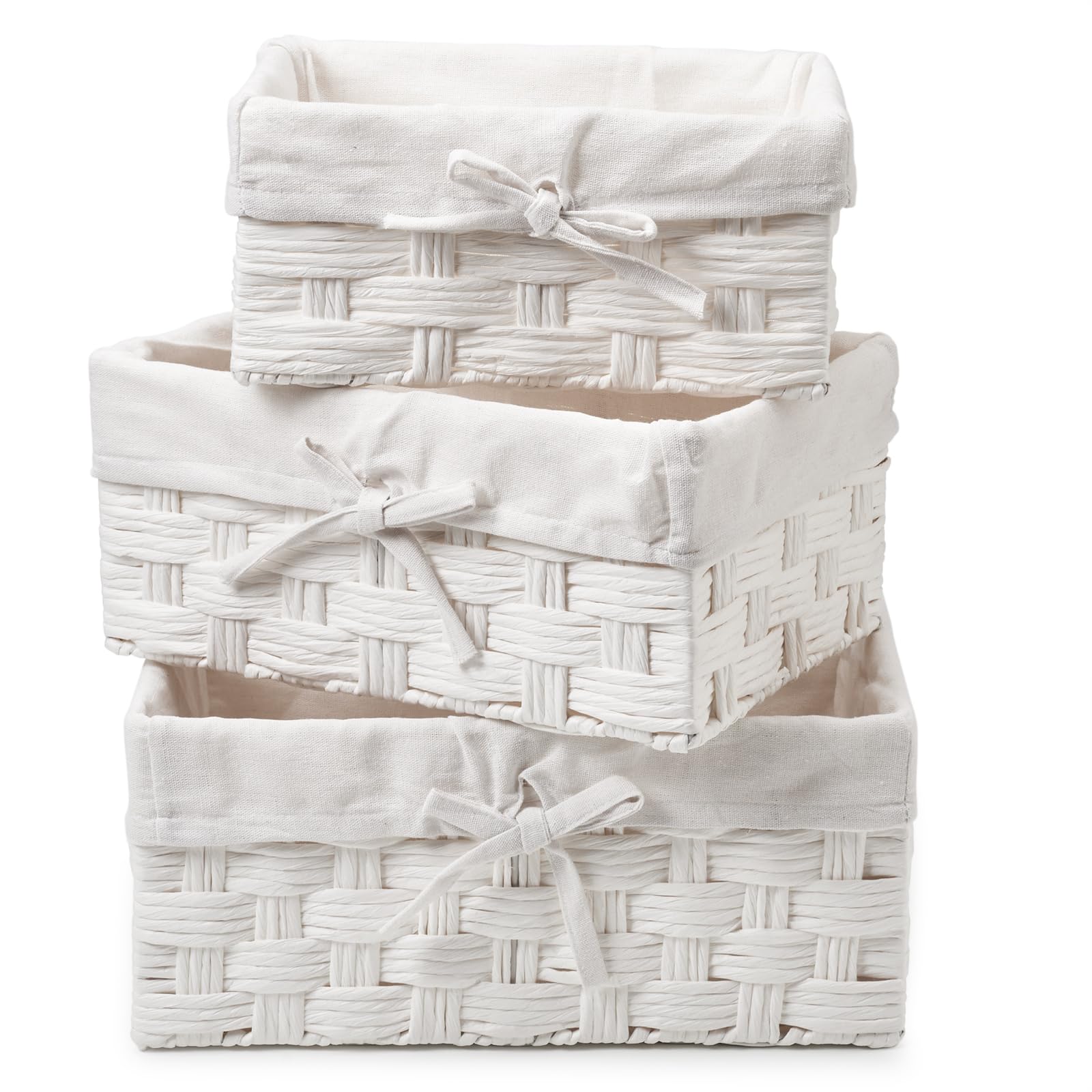 EZOWare Lot de 3 Boîtes de rangement de Papier Torsadé, Panier Tressé Décorative avec Doublure en Tissu pour la chambre de bébé, les jouets pour enfants, la maison - (3 Tailles, Blanc)