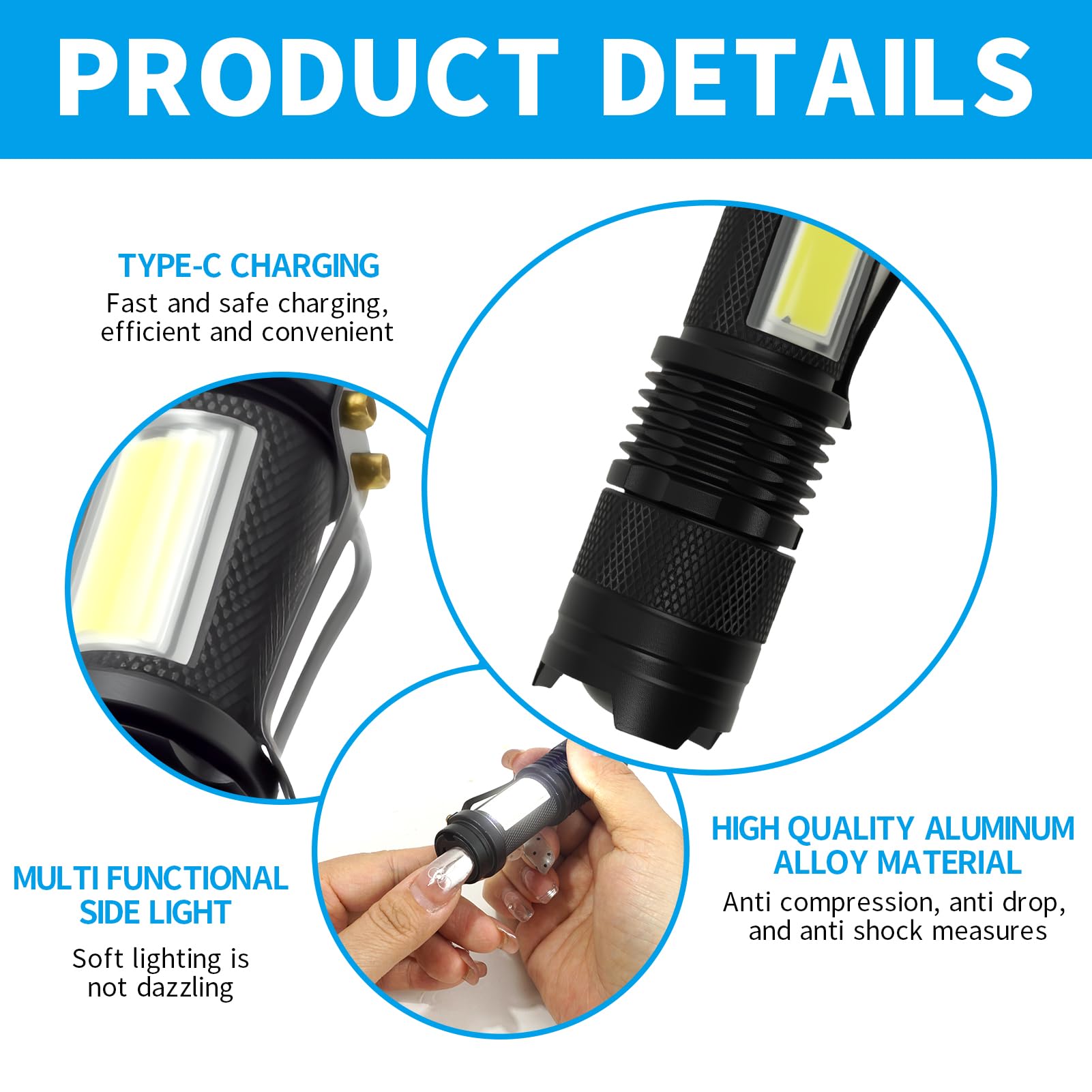 Mini linterna LED, linterna táctica con zoom de alto lúmenes, linterna compacta alimentada por una sola batería para camping, senderismo, emergencias, aventuras al aire libre, uso doméstico, luz de