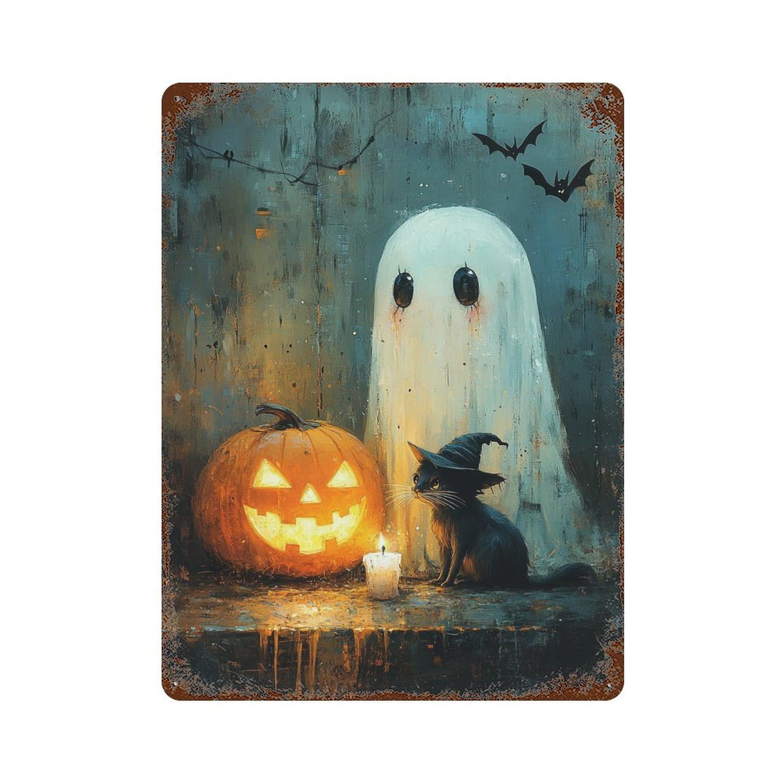Garage Style Halloween Ghost And Cat Scene-2 Rusty Metal Tin Sign 15.7"x11.8", Classic Wall Plaque for Bar And Workshop