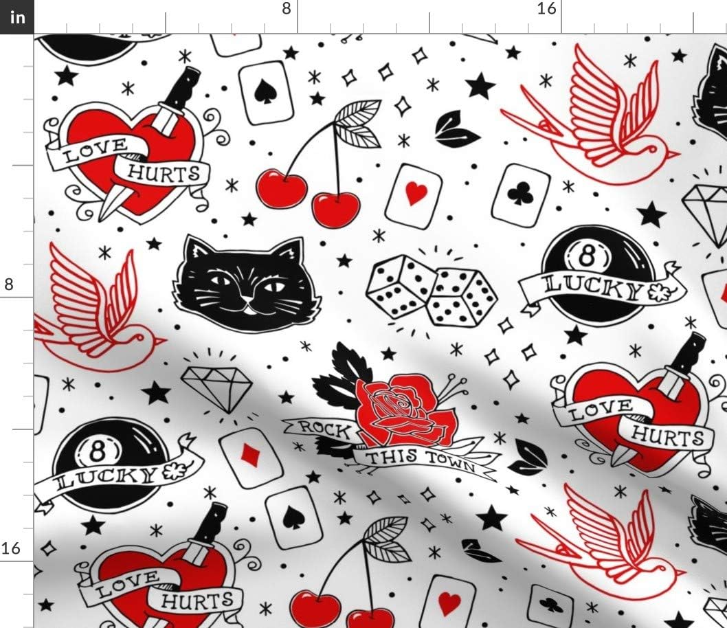 Spoonflower Fabric - Rockabilly Tattoos Large Tattoo Rock Roll Heart Luck Black Cat Bird Printed on Petal Signature Cotton Fabric by The Yard - Sewing Quilting Apparel Crafts Decor