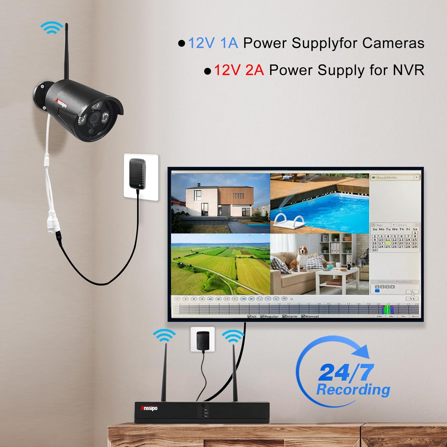 4K Home Security Camera System, 8pcs 5MP Corded Power WiFi Surveillance Cameras Indoor Outdoor with One-Way Audio, Motion Detection, Night Vision, H.265+ 8CH Wireless WiFi NVR, NO Hard Drive