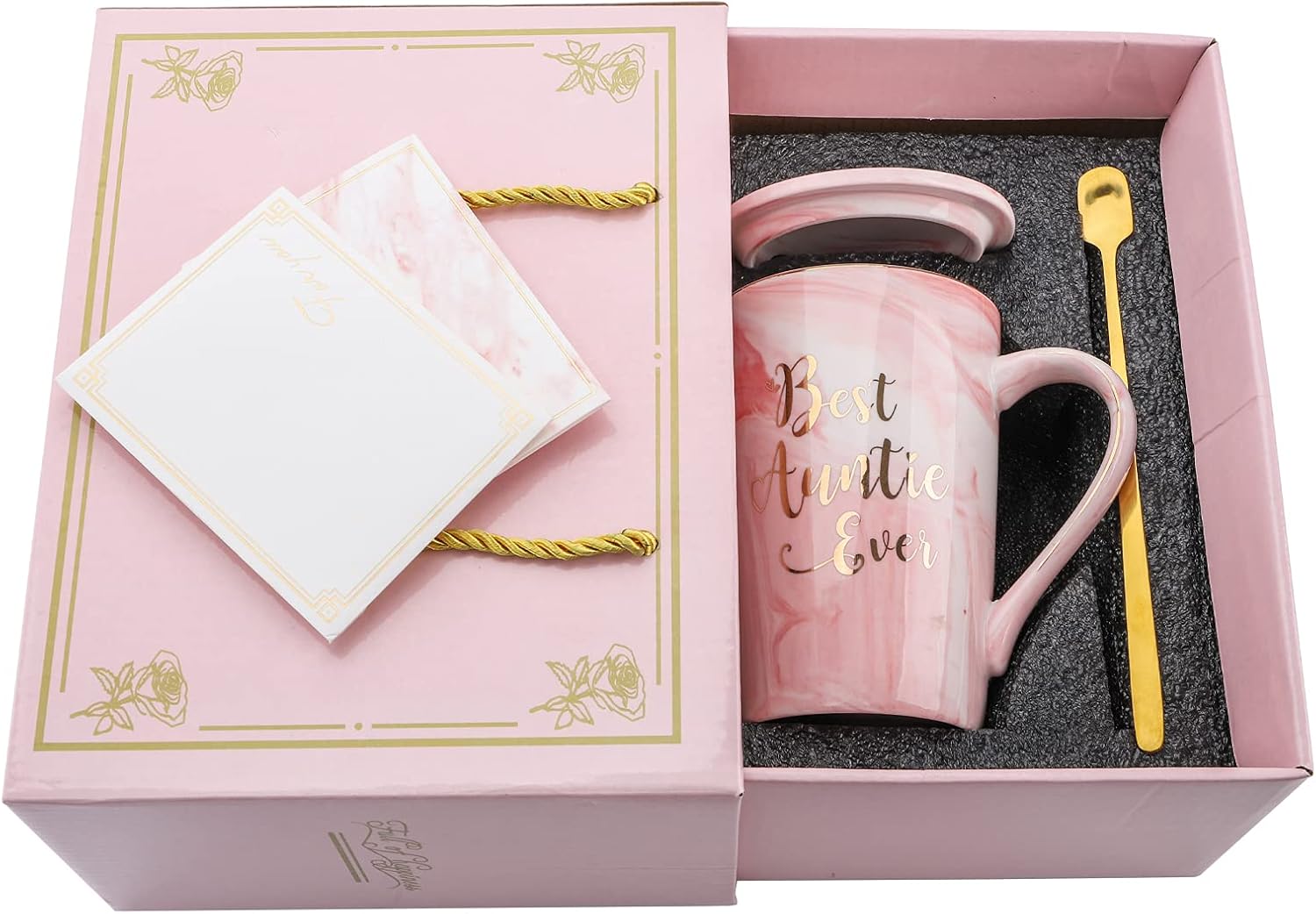 Hedume Best Auntie Ever Mug, 12 Oz Pink Marble Ceramic Coffee Cup with Gifts Box and Greeting Card, Aunt Gifts from Niece and Nephew, Funny Birthday Presents for Aunty - Image 2