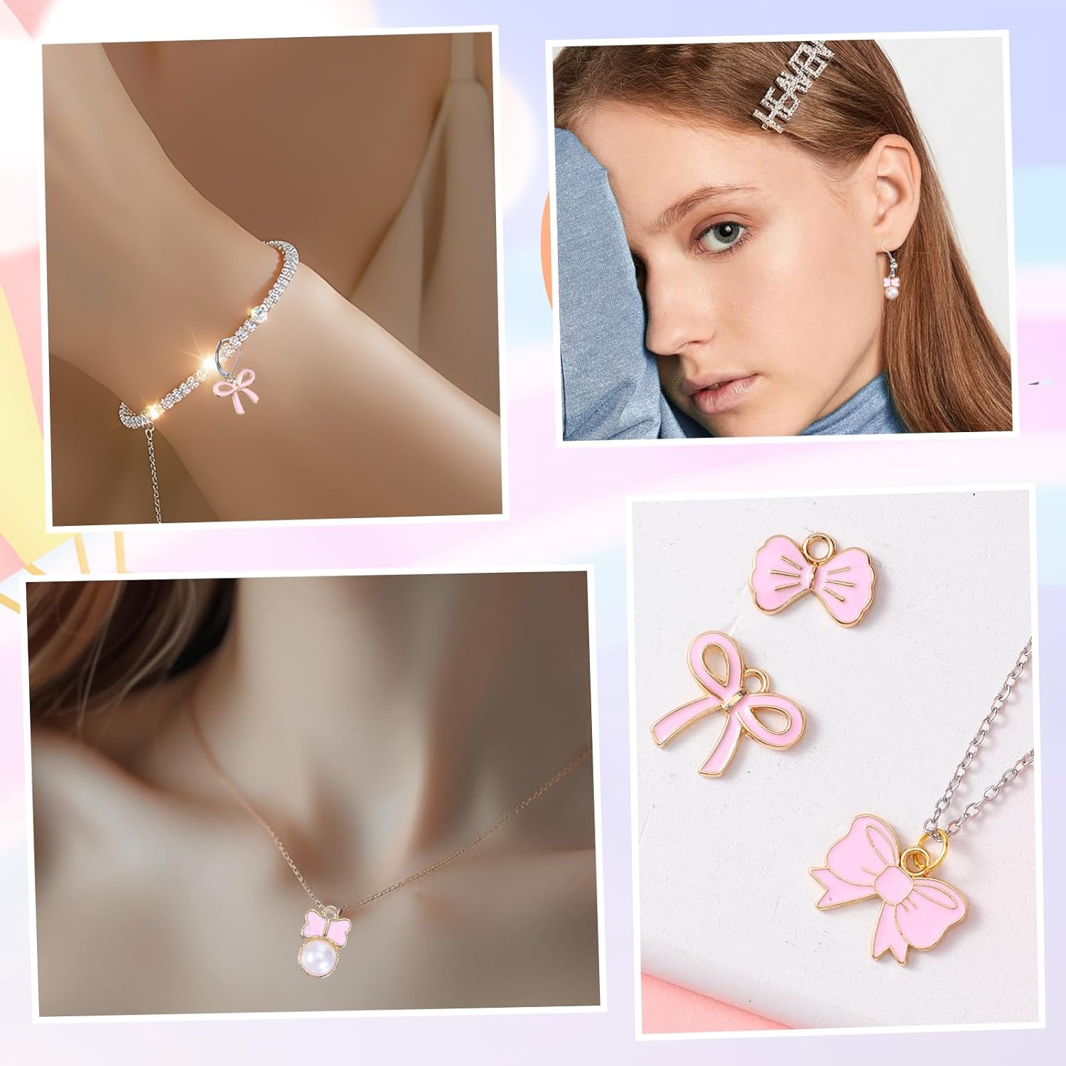 40PCS Pink Bow Charms for Jewelry Making, Romantic Flat Bowknot Charms, 5 Styles Cute Bow Pendants for Women, Alloy Enamel Bowknot Pendants Charm for Earrings, Necklace, Bracelets and DIY Craft - Image 3