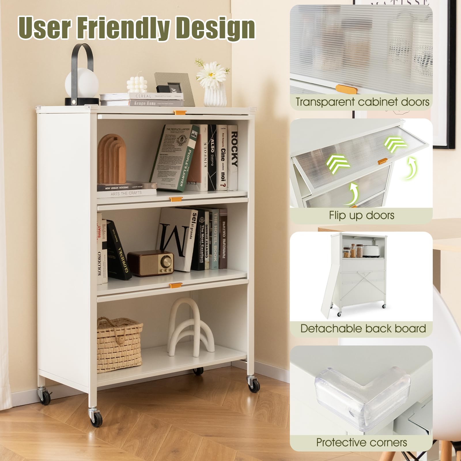 KOMFOTTEU Küchenregal mit 4 Ebenen, Küchenschrank mit 4 Rollen und transparenten Klapptüren, Aufbewahrungsschrank aus Metall mit Kippsicherung für Esszimmer, 81 x 37 x 115 cm