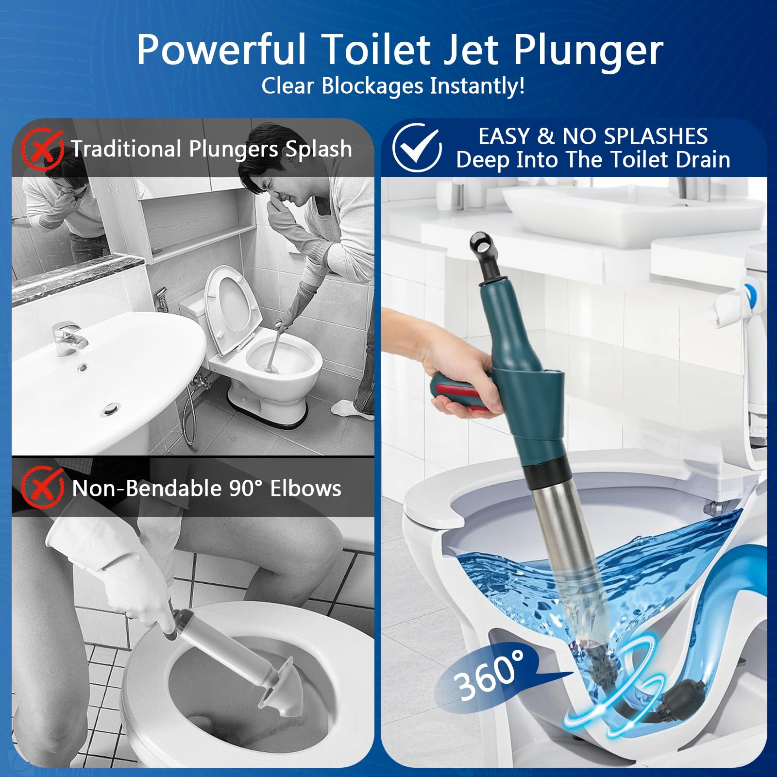 Toilet Plunger, High Pressure Toilet Plunger – Air Drain Unclogger Blaster with Visual Barometer, Heavy Duty Plungers for Bathroom Toilet, Floor, Kitchen Sink & Plumbing Clogs, Stainless Steel — view 3