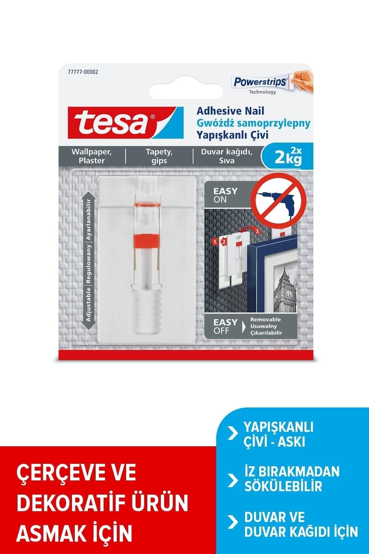 İz bırakmadan Sökülebilir Yapışkanlı Askı - Çivi, Duvar ve Duvar Kağıdı için, 2 kg x 2 adet