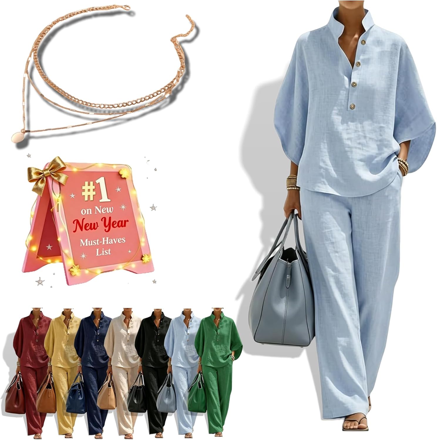 Linen Sets for Women 2 Piece Pants - Oversized Batwing Sleeve Top and High Waisted Wide Leg Lounge Pants Casual