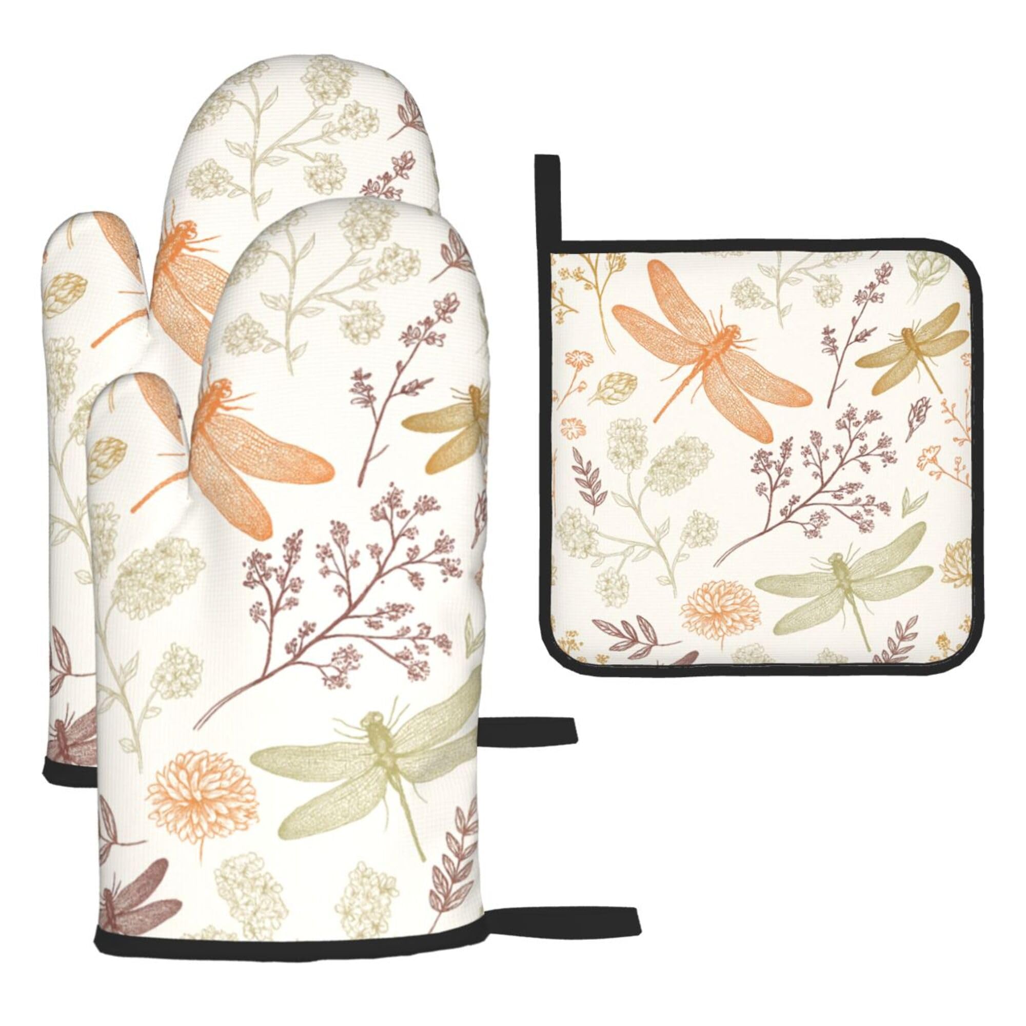 Dragonfly & Wild Flowers Oven Mitts and Pot Holders 3pcs Set Heat Resistant Kitchen Gloves