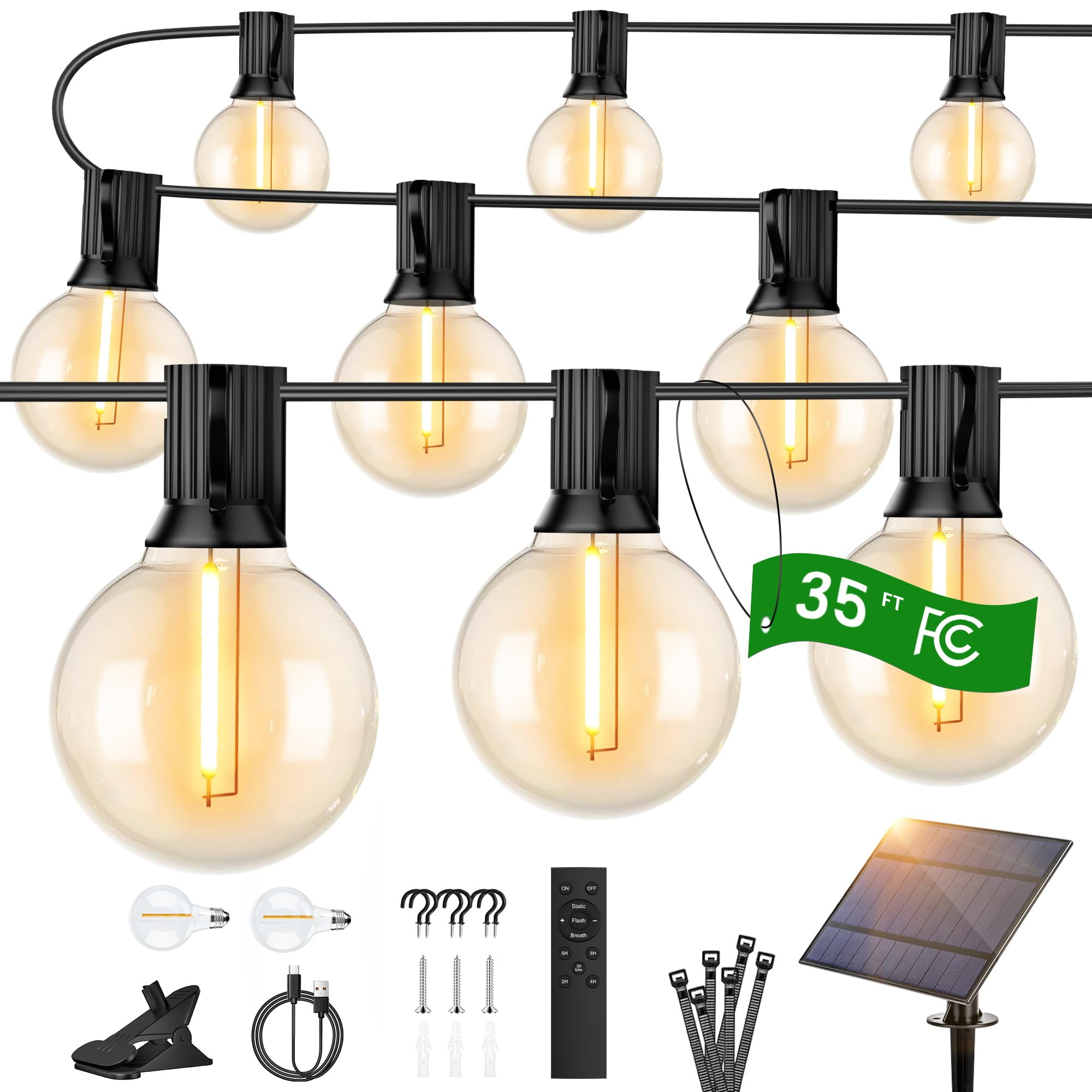 OHLUX 35FT/10m Solar String Lights Outdoor, Outside Festoon Lights with Remote, 17 Shatterproof G40 LED Bulbs, IP65 Waterproof, 2200K Soft White, E12 Hanging Light for Backyard, Gazebo, Patio, Deck — image 1