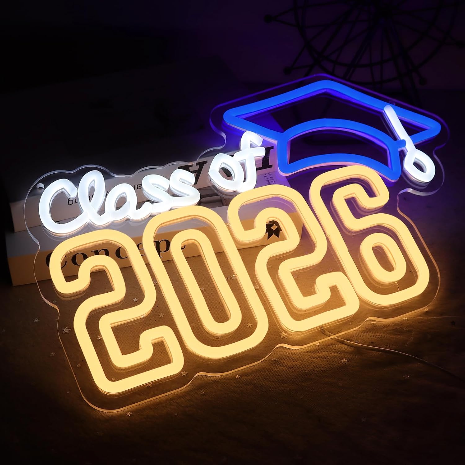Class of 2026 LED Neon Sign Graduation Party Decor 15.3x9.4 Inch Blue White Warm White Combo Light Up Letters Dimmable Grad Sign for Dorm Room Backdrop Graduation Celebration Gift