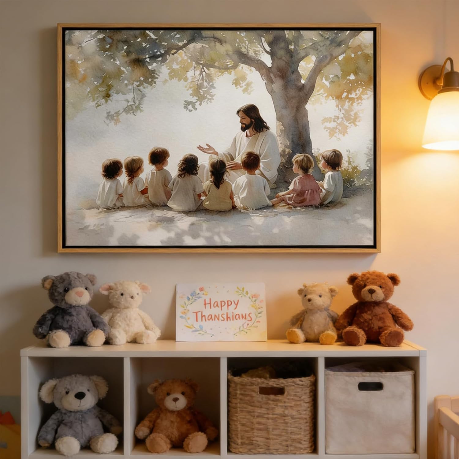 Framed Jesus With Children Canvas Wall Art Christian Kids Room Painting Picture Wall Decor Jesus Teaching Children Poster Print Artwork for Child Room Bedroom Classroom Home Decoration 12inx16in